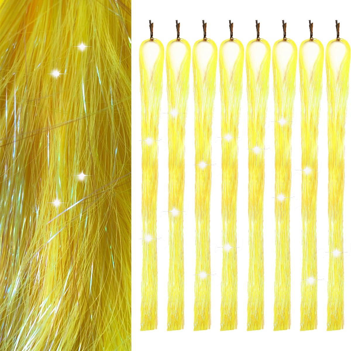 Hair Tinsel 8 Packs 1600 Strands 50 Inch Tinsel Hair Extensions Yellow Heat Resistant Glitter Sparkling Shinny Fairy Hair Accessories for Women(