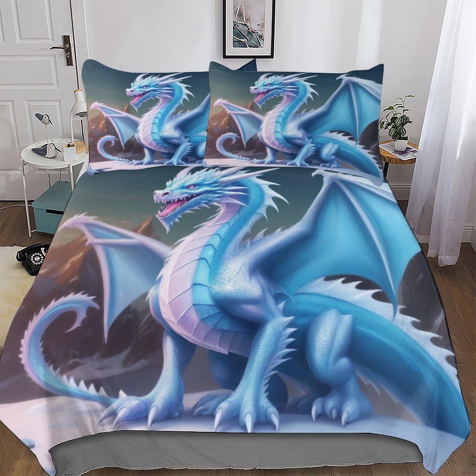 Llxxhh Boys Ice Dragon Duvet Cover Set Microfiber Bedding Set Quilt Cover 3 Pieces With Pillowcases For Girls Comforter Cover Double (200X200cm)