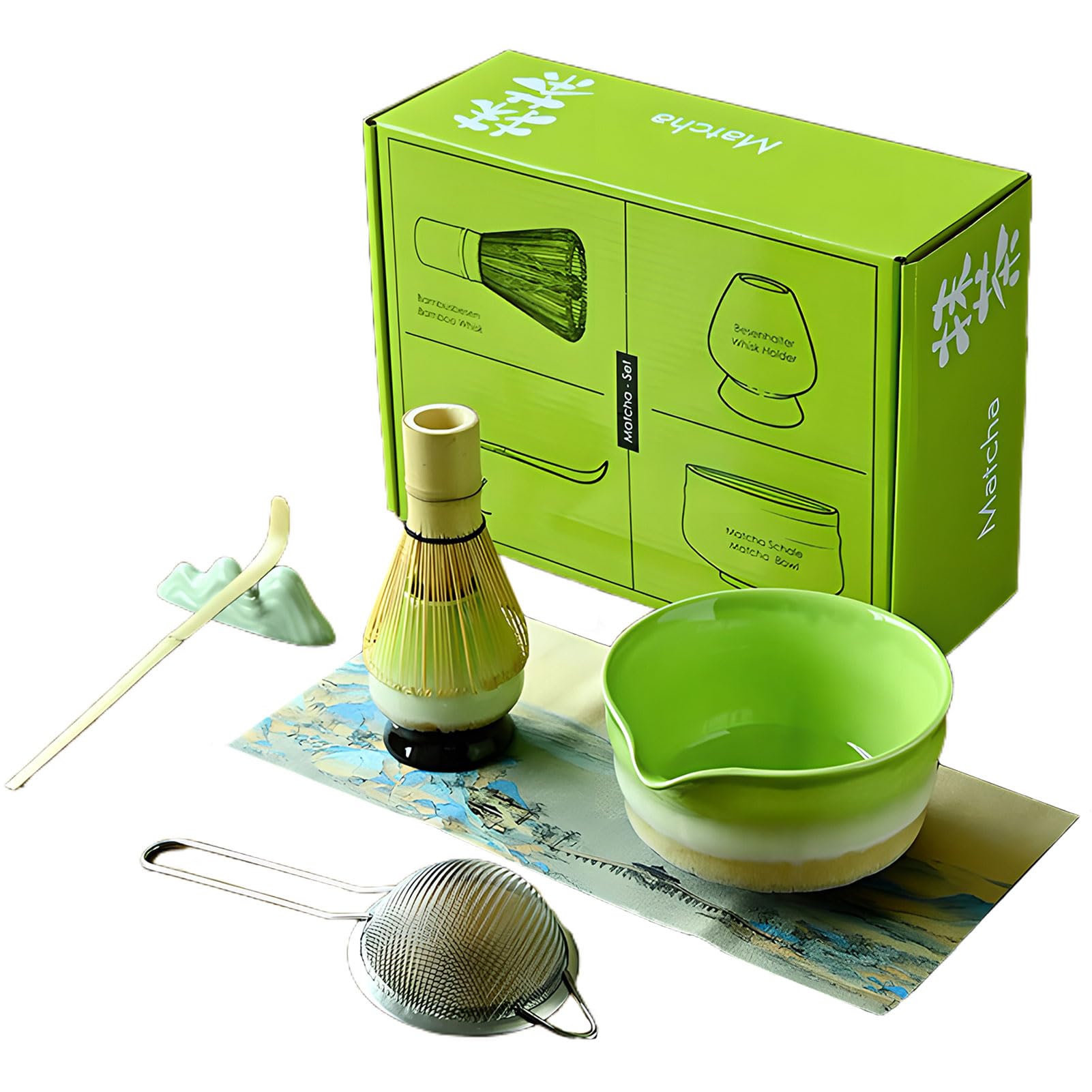 Juego de batidores Matcha de 5 piezas, juego tradicional de Matcha para ceremonia del té, incluye tazón Matcha con pico, soporte para cepillo de té, soporte para batidor, sonajero de té y colador