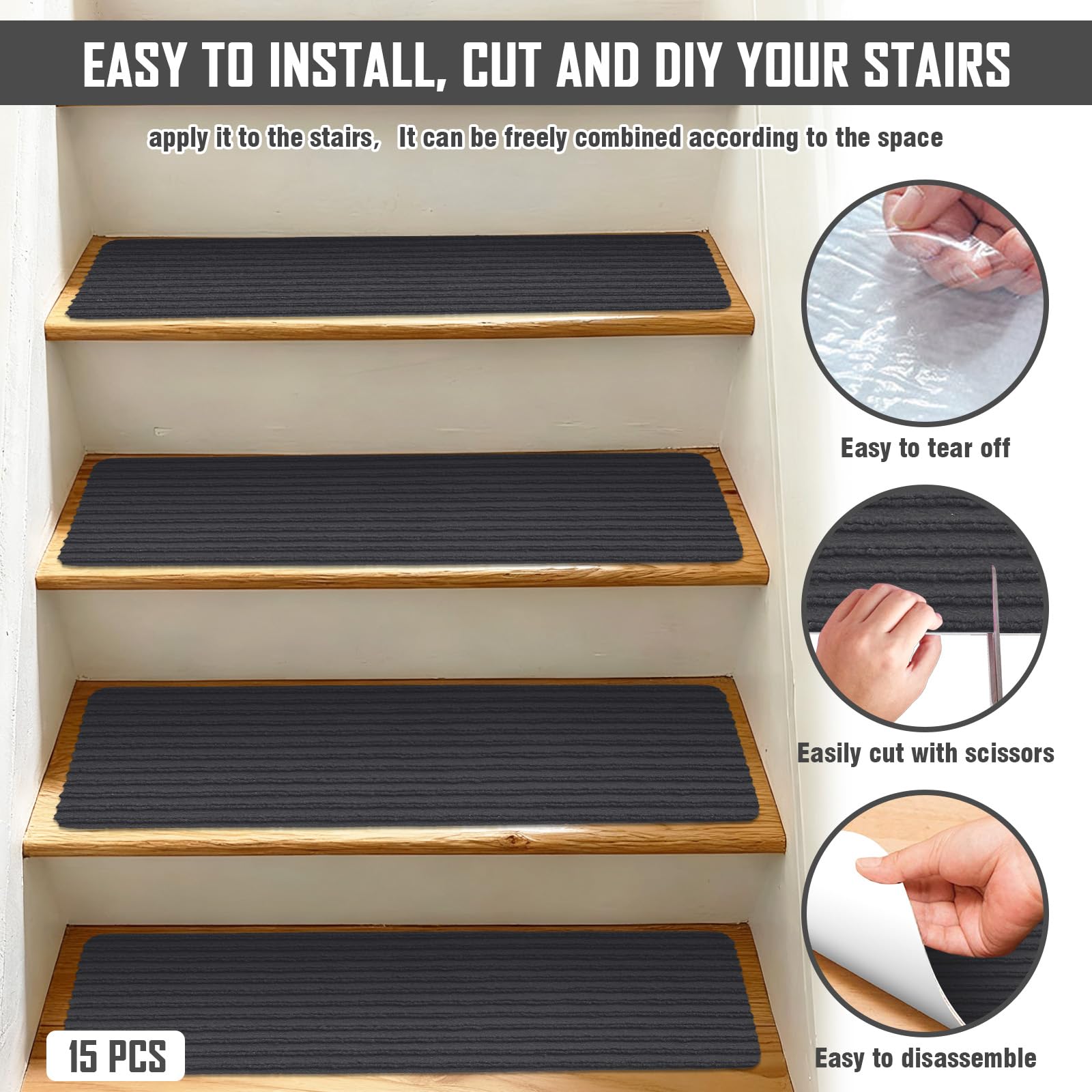 Tapis D'Escalier Antidérapant, Tapis Escalier Marche, Lot De 15 Marchettes D'Escalier Autocollantes Intérieur, Moquette Escalier Réutilisable Découper Pour Protéger Animaux (Grigio scuro, 55 X 22 Cm)