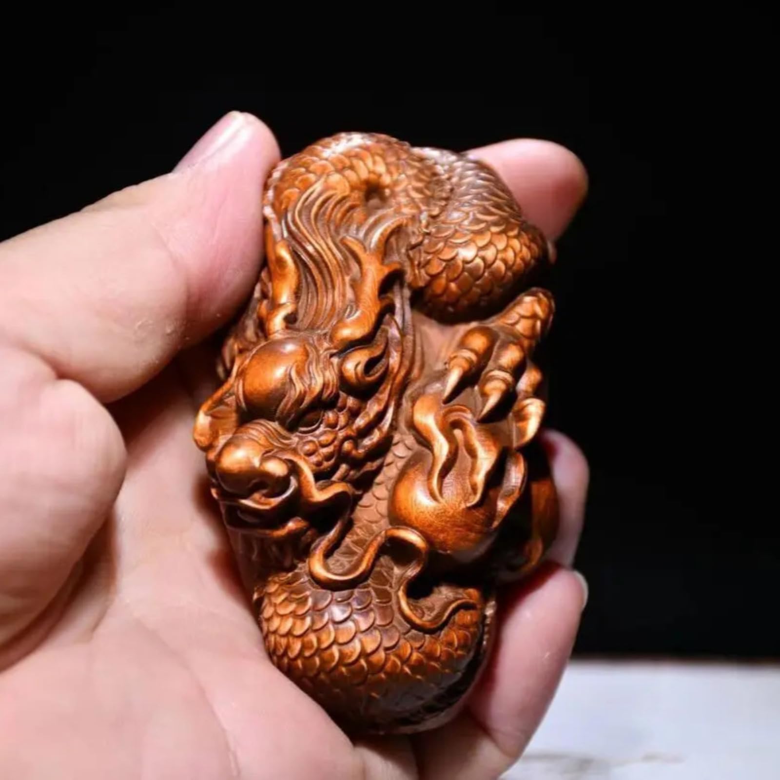 Figurine dragon Loong buis statuette bois sculpté main déco asiatique