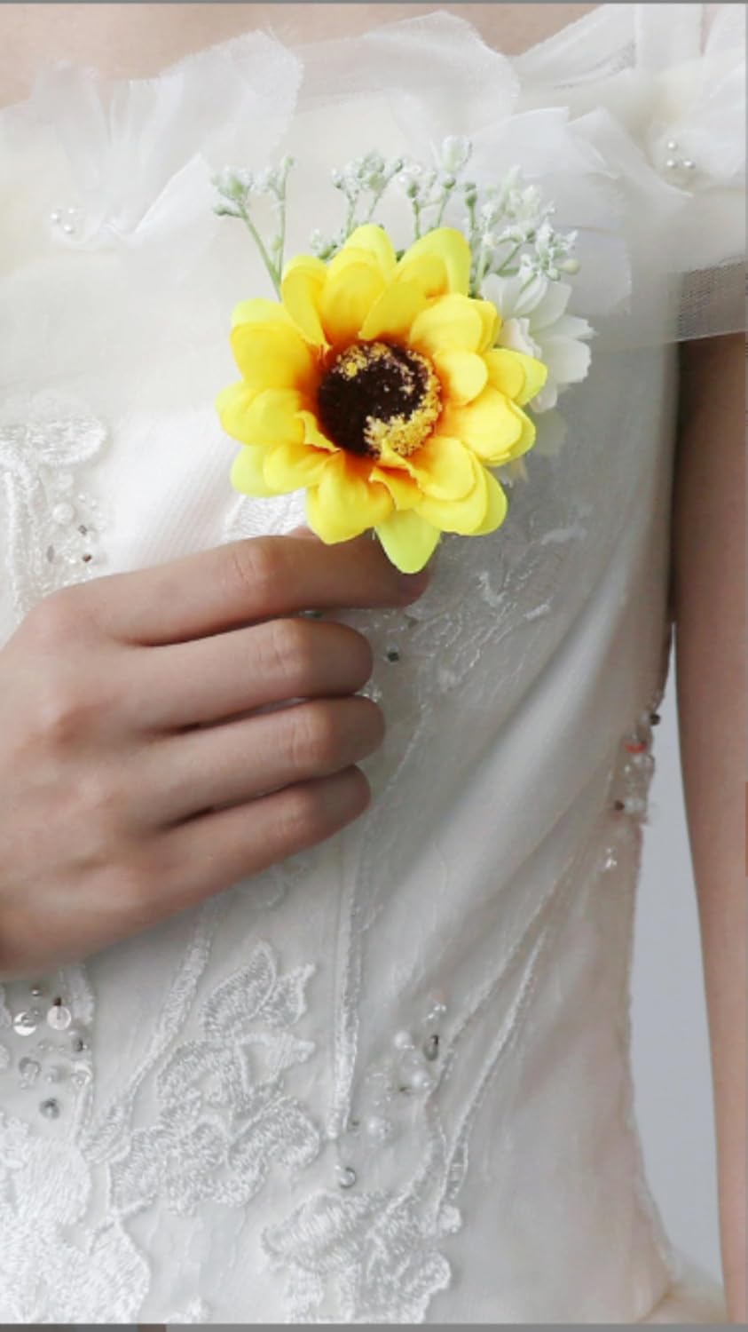 Artificial Sunflower Boutonniere Groom Boutonniere Man Buttonholes Corsage Wedding Flowers Set Party Decoration (Twine,6)