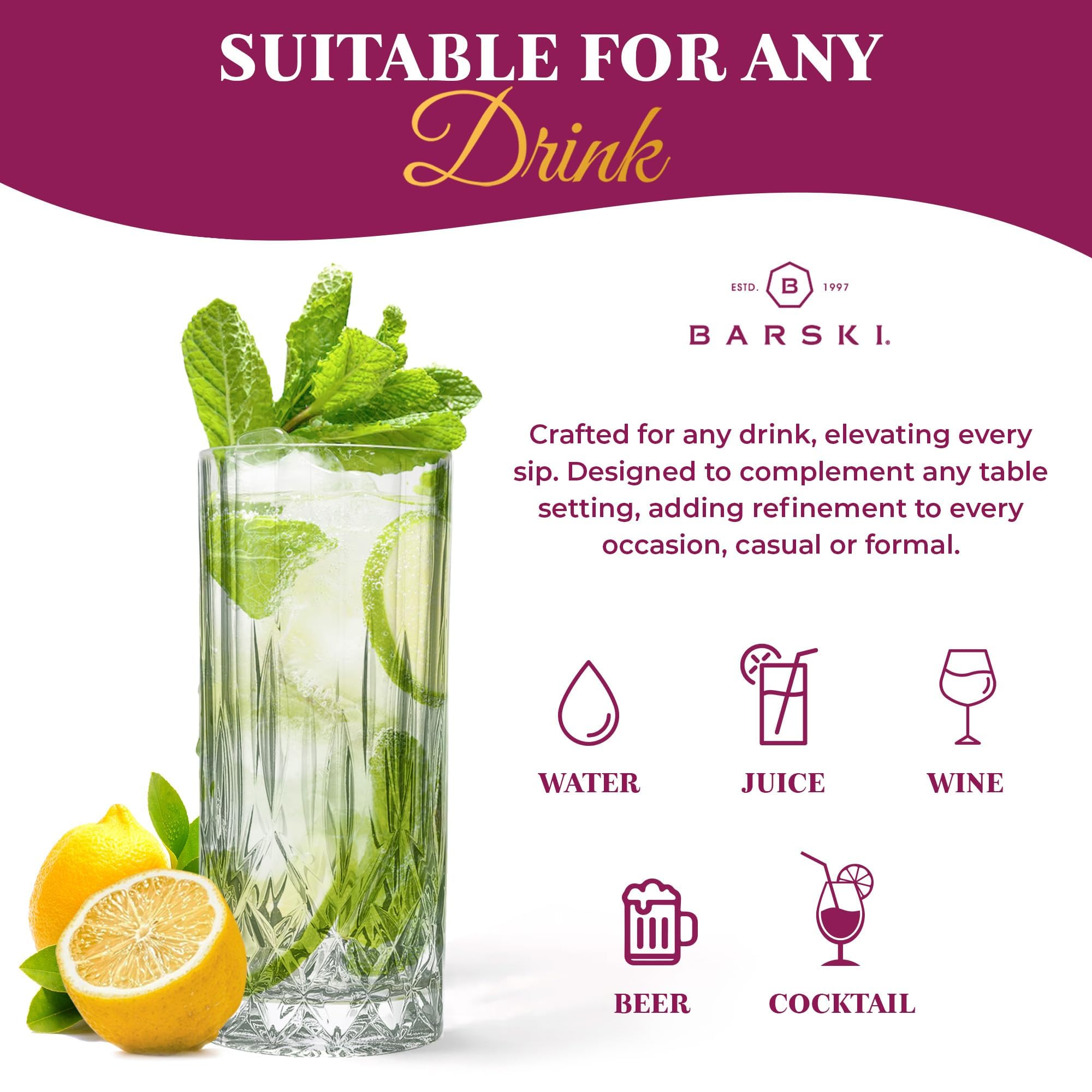 Barski Highball-Glas – Trinkgläser – 2er-Set – Hiball-Becher – Glaskristallbecher – für Wasser, Saft, Bier, gemischte Cocktails, Mojito-Glas, Tom Collins Bar Glaswaren, 370 ml, hergestellt in Europa