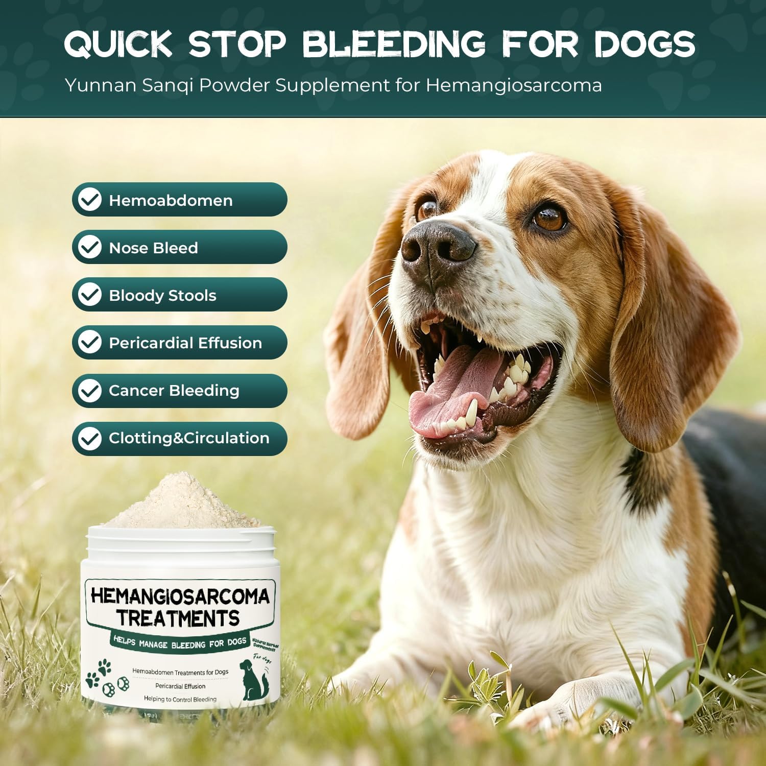 Quick Stop Bleeding for Dogs, Yunnan Sanqi Powder Supplement for Hemangiosarcoma, Nose Bleed, Hemoabdomen, Bloody Stools, Pericardial Effusion, Cancer Bleeding, Clotting&Circulation