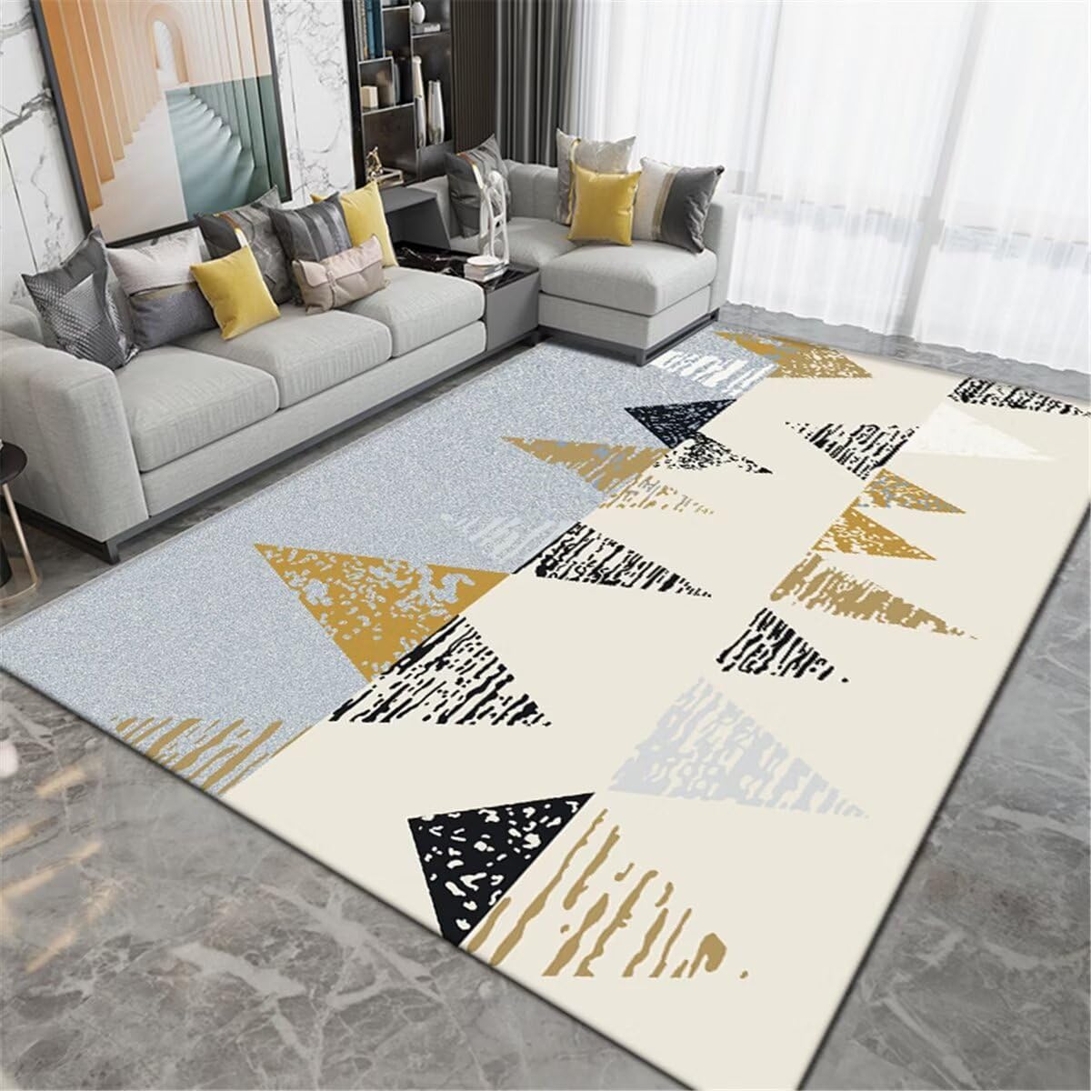 Tapis de chambre gris jaune lavable aux finitions géométriques haut de gamme