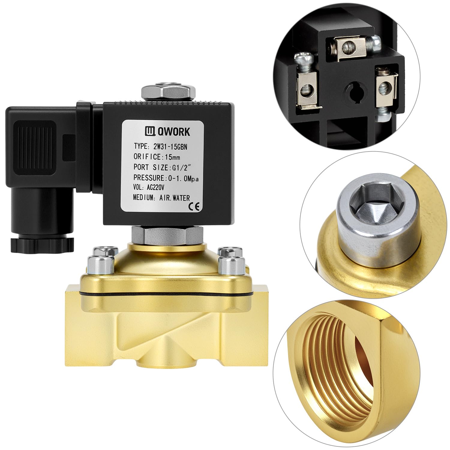 QWORK® Elettrovalvola G1/2" Elettrico in Ottone, 220V AC per Acqua, Aria e Olio"}
