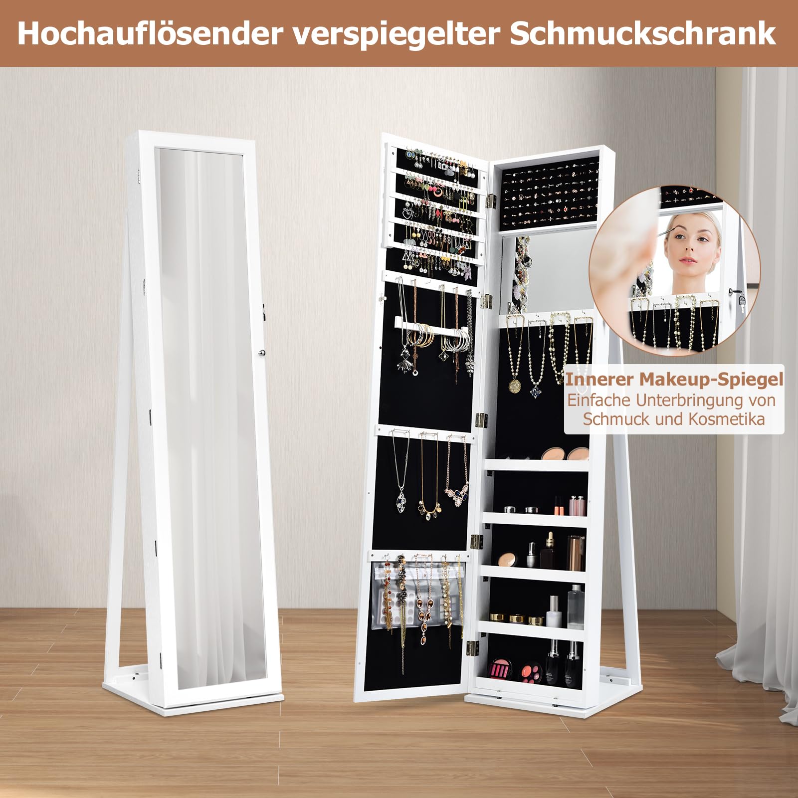 GOPLUS Schmuckschrank mit Spiegel, Spiegelschrank stehend mit großem Stauraum, Lagerregalen und Umkippschutz, Standspiegel Schmuck Organizer abschließbar für Schlafzimmer Wohnzimmer (Weiß)