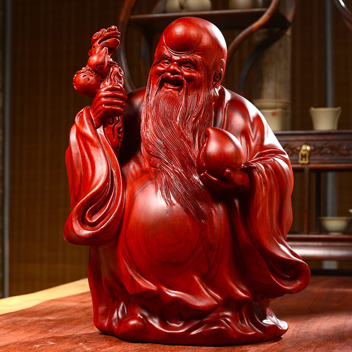 香港土産 一刀彫 木彫 彫刻 縁起物 七福神 寿老人 福禄寿 置物