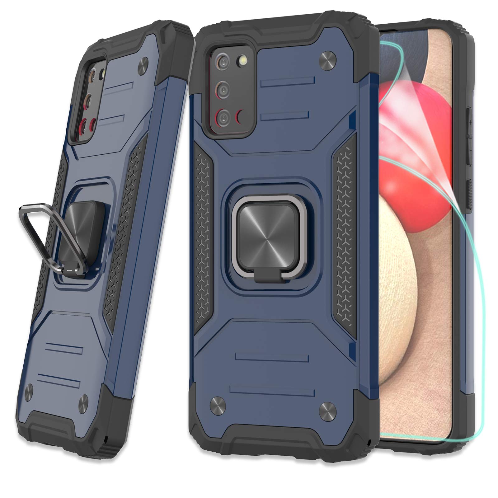 ZingCon Compatible for Samsung Galaxy A02s Case,[HD Screen Protector] Shockproof Protective Phone Cover with Rotating Ring Kickstand Fitting Magnetic Car Mount-Blue
