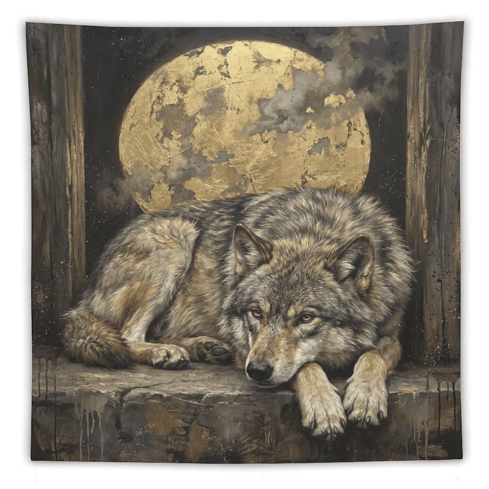 W7C8U2X3 Resting Wolf Full Moon Wall Tapestry, Realistic Illustration Style