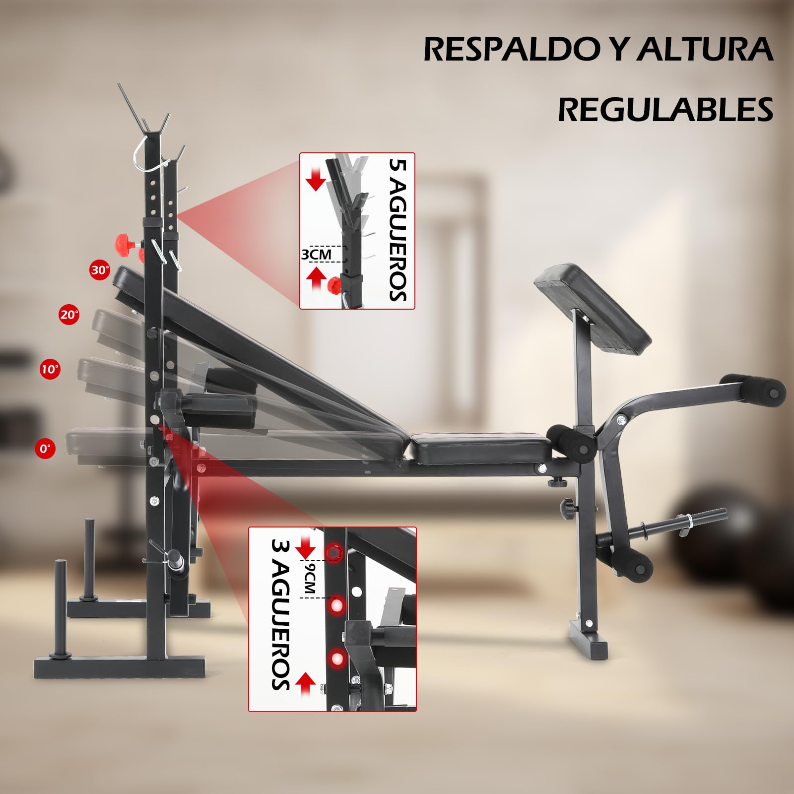Banco Musculación Plegable, Banco De Musculacion, Press Banca con Soporte para Barra para press de banca, Banco De Pesas Musculación Ajustable con respaldo, soporte para piernas