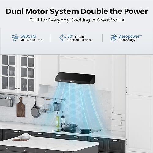 Miniatura 2 de Campana extractora debajo del gabinete de 36 pulgadas, 580 CFM de ventilación de cocina de doble motor con luces LED, control de botón, campana de