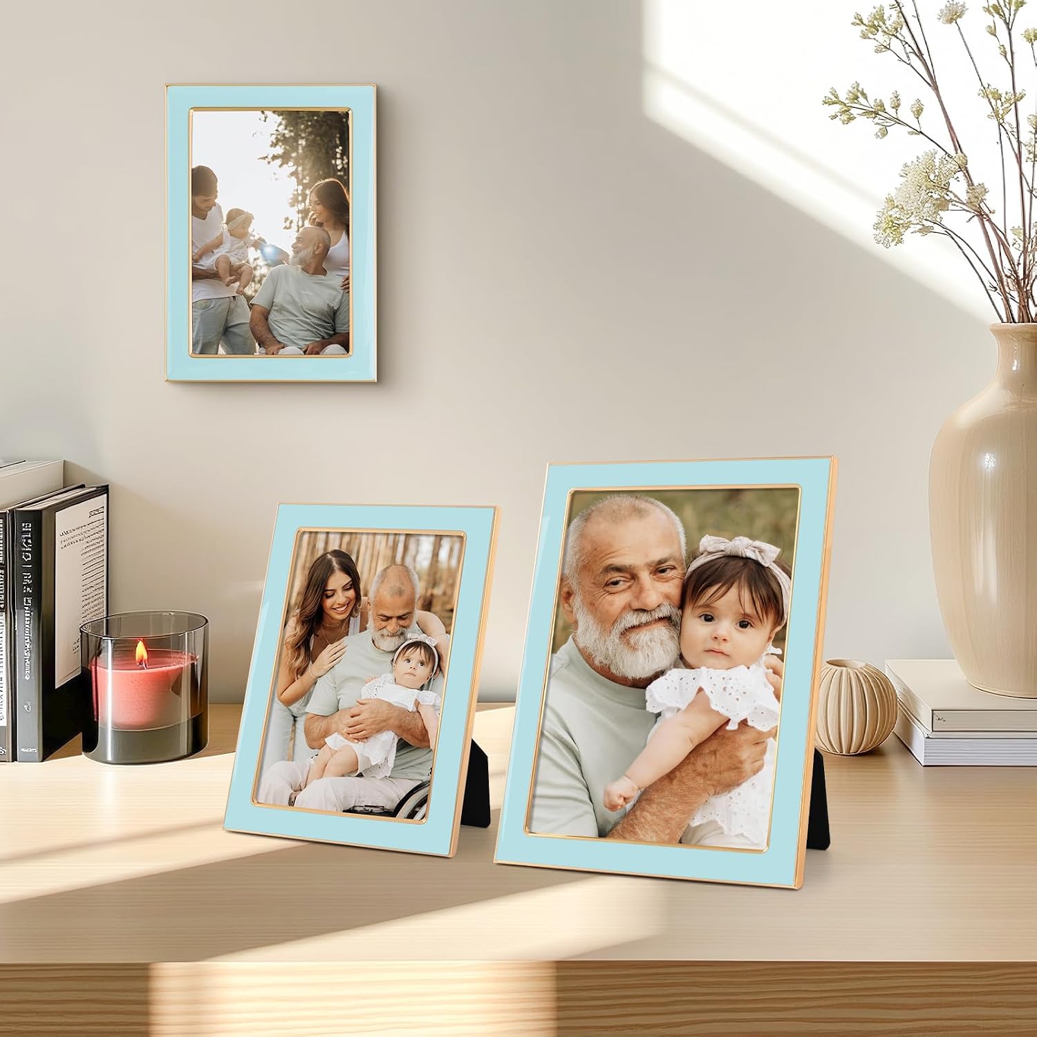 5x7 Light Blue Enamel Picture Frames - Metal Gold Edge - Cute Frame for 5 x 7 Inch Photos Pictures Artwork - Real Glass - With Tabletop Easel Stand - Hanger for Wall Mount Display (2 Pack)