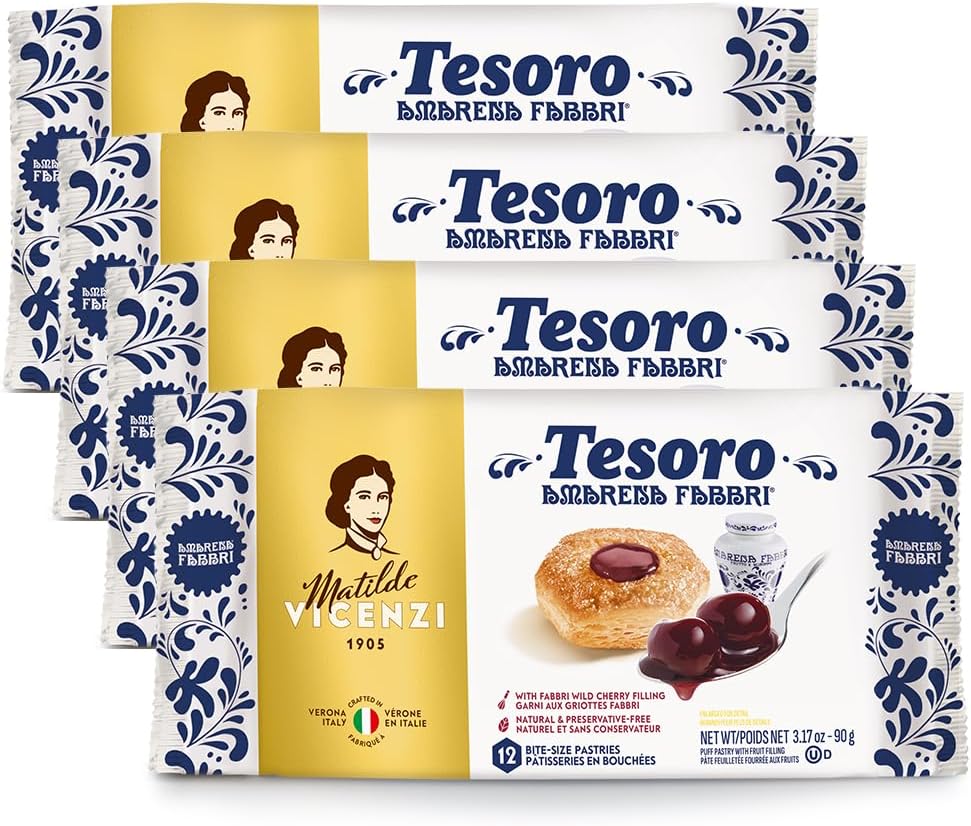 Tesoro Fabbri Wild Cherry Filling by Pasticceria Matilde Vicenzi, Cherry Cream Filled Puff Pastry Patisserie, Kosher Dairy, Made in Italy, 3.17oz (90g), 4-Pack
