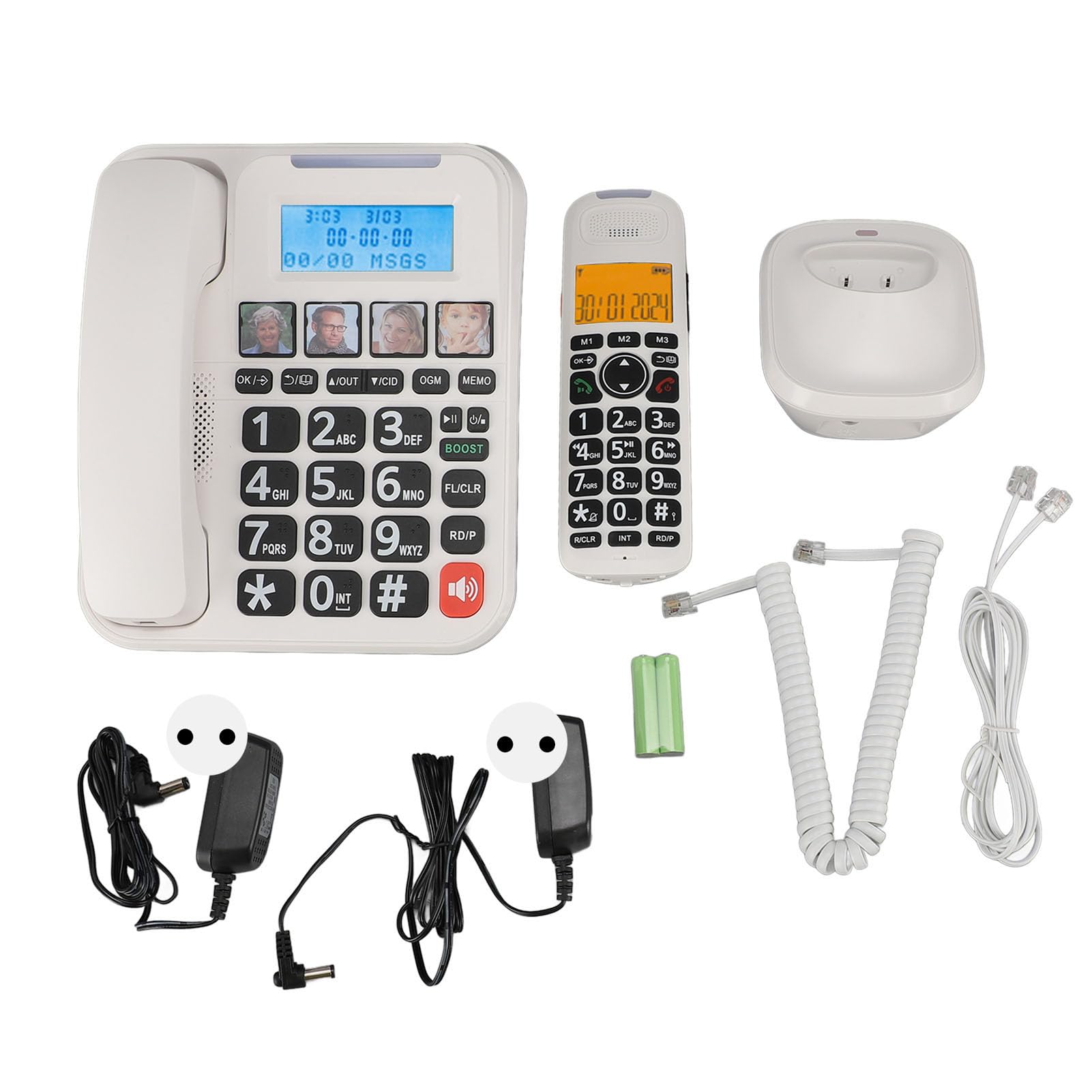 Telefono Cordless per Anziani con Filo, Segreteria Telefonica, Blocco Chiamate, Selezione Fotografica, Suoneria Forte, Chiamata in Vivavoce, Chiamata a 3 Vie, Guida (Spina europea)