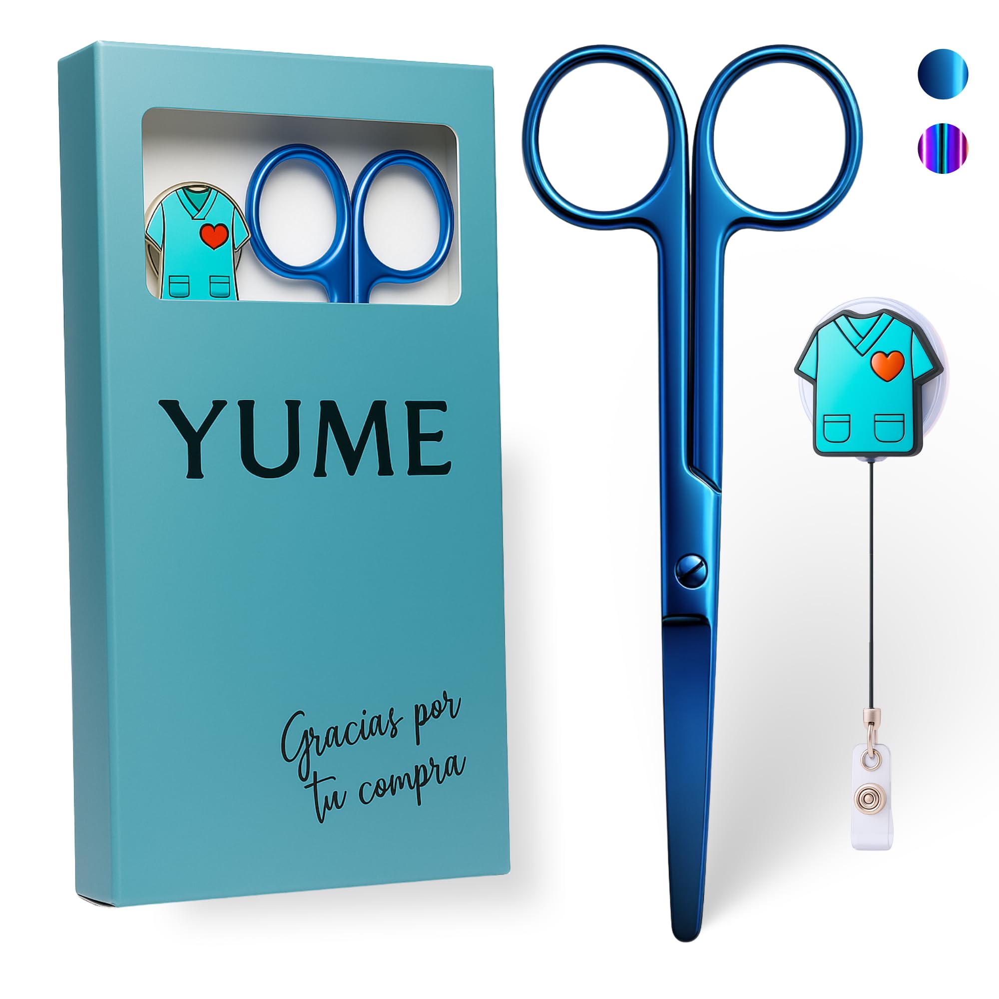 YUME Forbici da Infermiere in Acciaio Inox con Punta Arrotondata Professionali + Portachiavi Retrattile in Omaggio | Forbici Mayo | Regalo Perfetto per Infermieri | Accessori OSS/TCAE (AZUL)