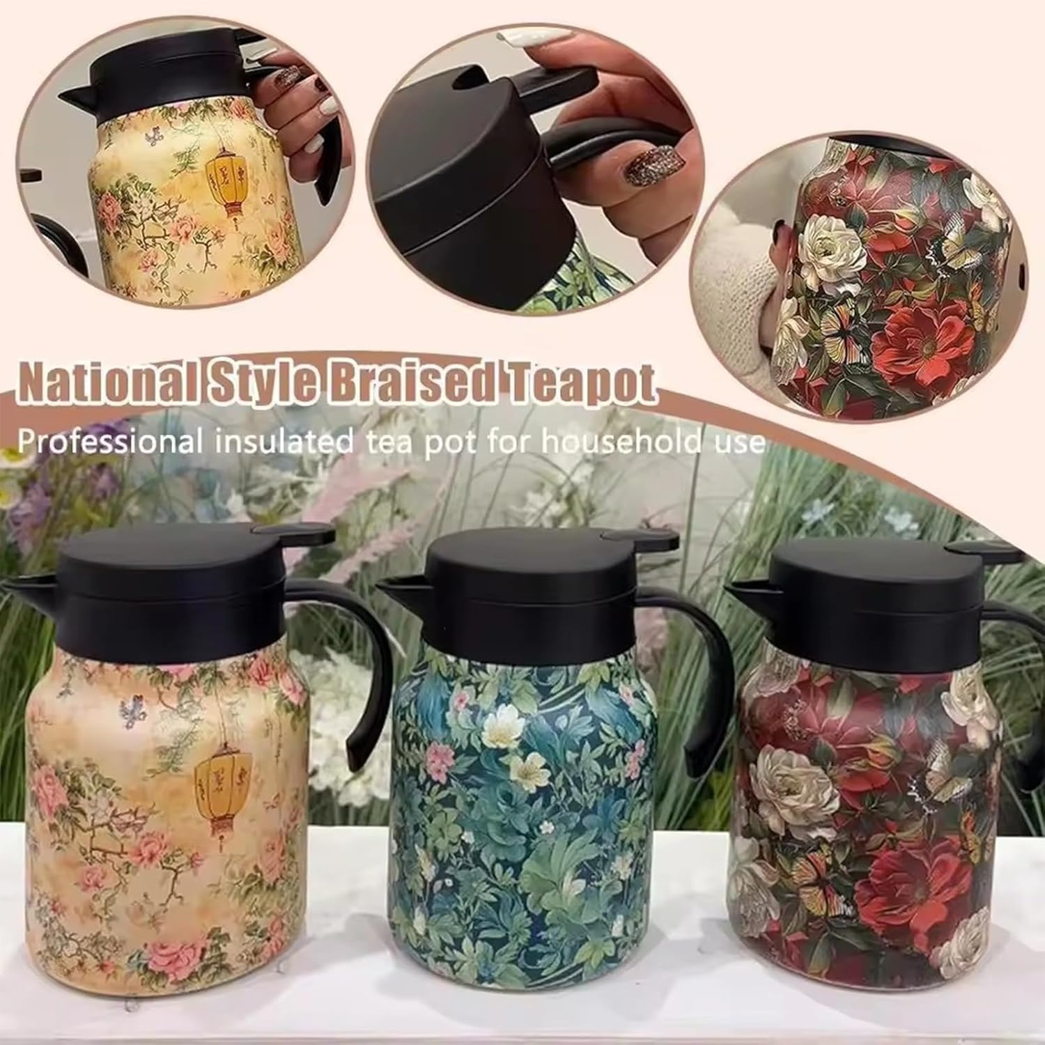 Infinite Tea Pot, Vintage Floral Pattern Tea Pot - Built-In Infuser, Infinite Stainless Steel Insulated Vintage Teapots for Hot Cold Drinks (Green)