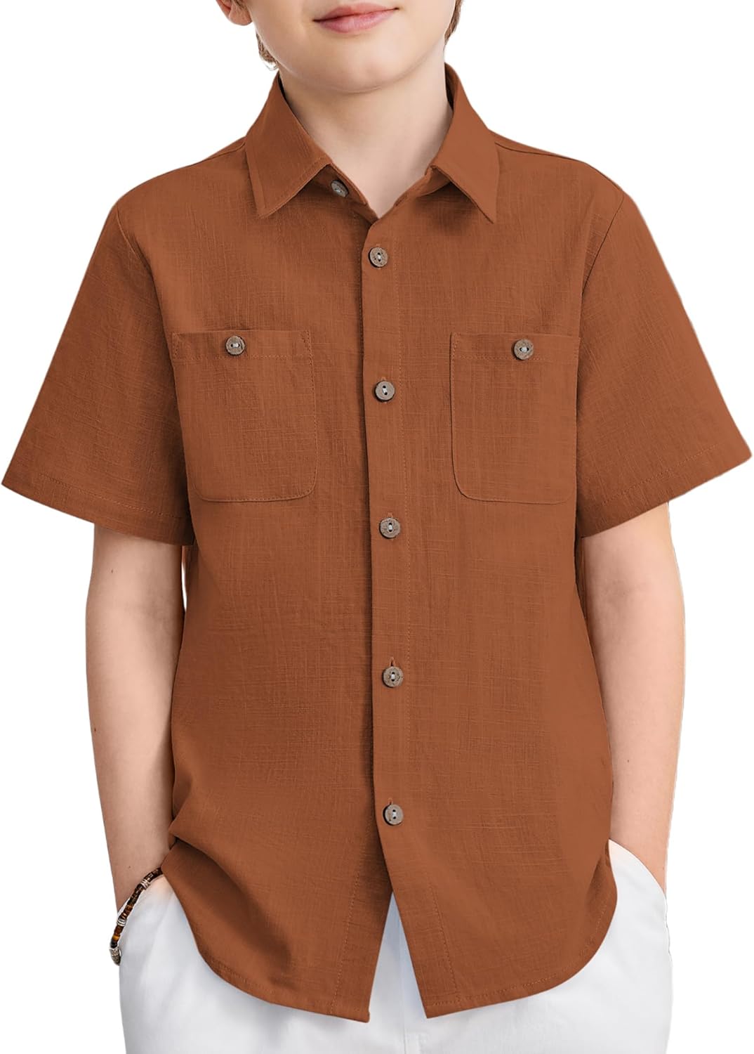 Arshiner Boys Short Sleeve Button Down Shirt Cotton Woven Casual Shirts with 2 Pockets for Kids 4-12 Years