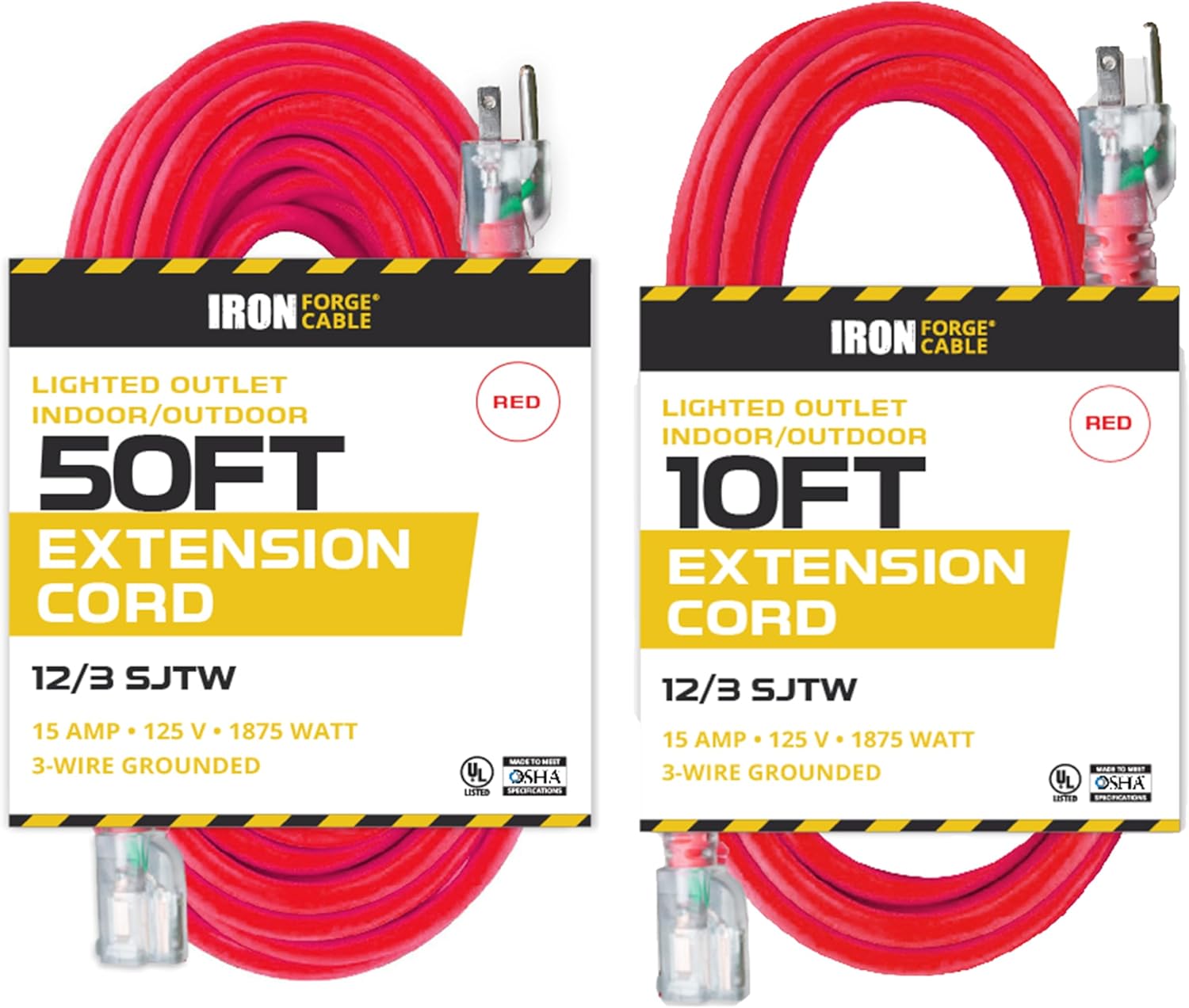 Iron Forge Cable 12 Gauge Heavy Duty Extension Cord 10 Foot & 50 Foot, 12/3 Lighted Outdoor Electrical Cable 3 Prong Grounded Plug, 15 Amp Red SJTW - UL Certified & OSHA Compliant