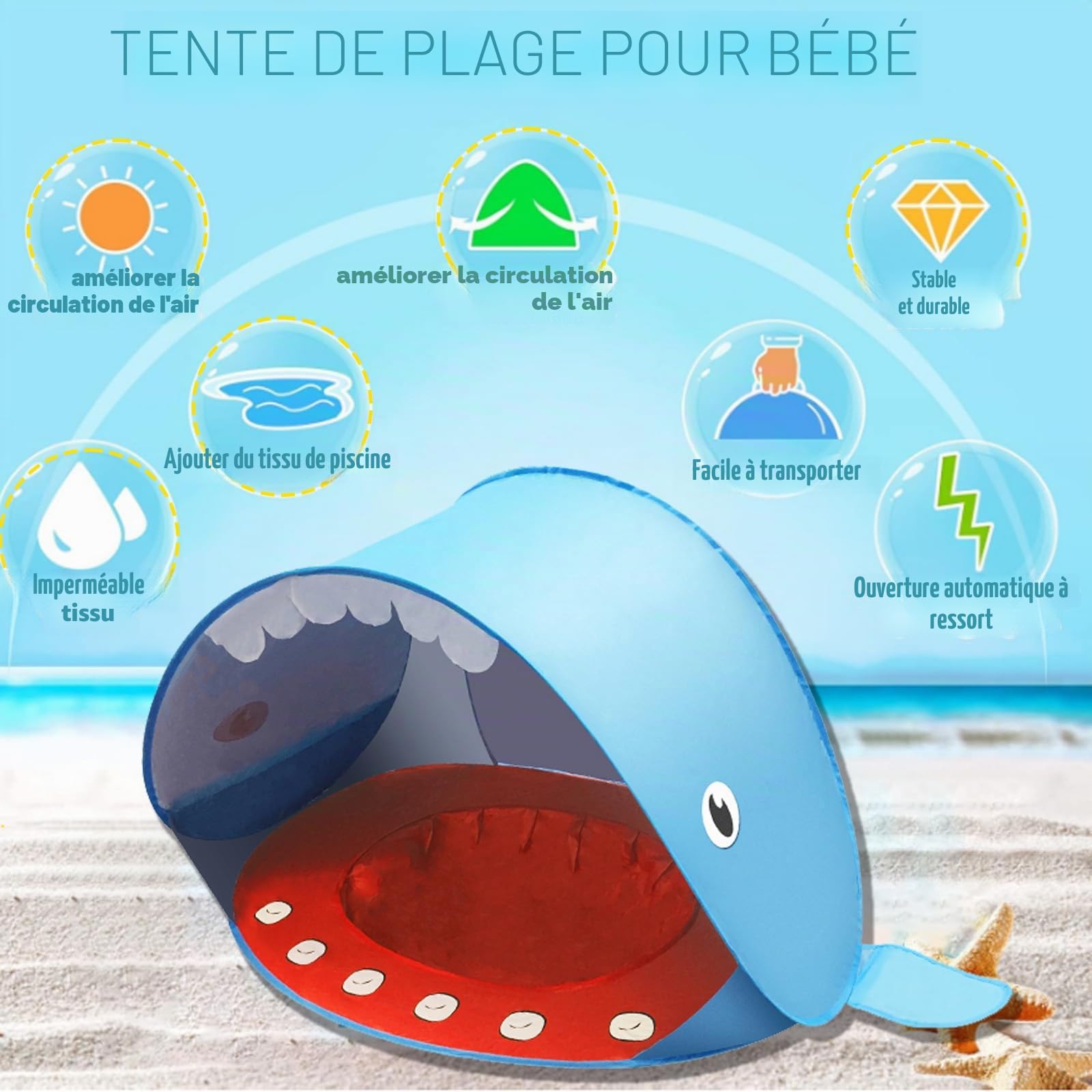 Tente Anti UV Bébé,Pop Up Tente De Plage,Abri Camping Voyage Vec Clous De Sol Protège Vent/Soleil/Sable,Tente De Plage Bebe Vec Mini Piscine Convient pour Les Plages, Les Parcs, Le Camping,Baleine