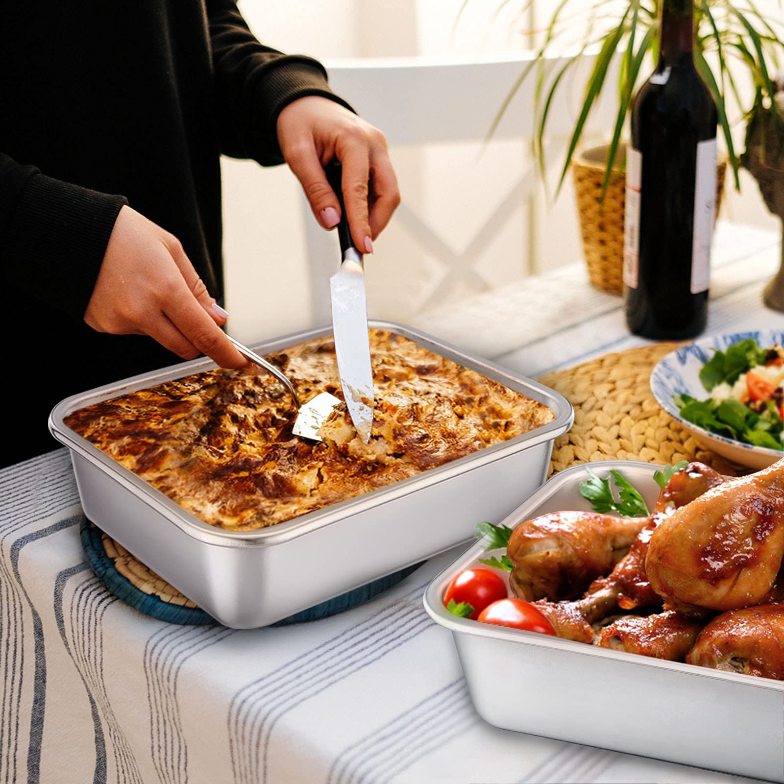 Homikit Set di 2 pirottini rettangolari in acciaio inox per dolci, 27 x 21 x 8 cm, ideali per lasagne, careni, brownie, resistenti e lavabili in lavastoviglie
