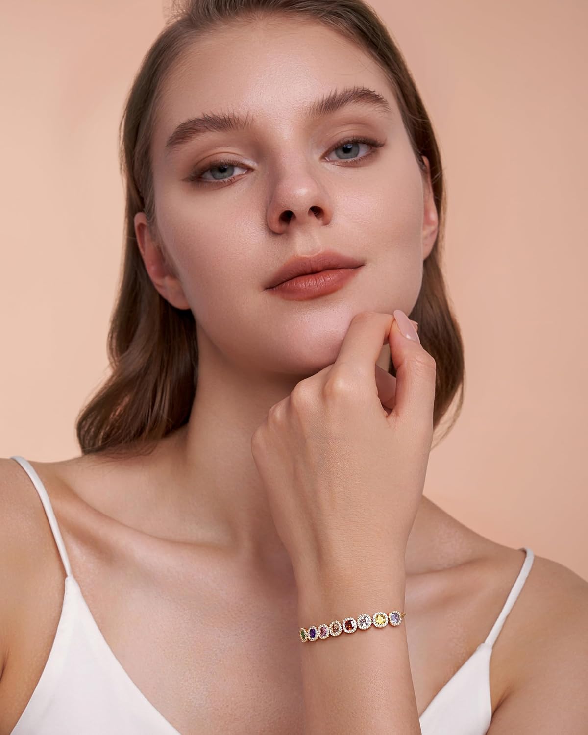 Gold Colorful CZ Gemstone Floral Statement FULLY ADJUSTABLE Dangle Charms Tennis Bracelet for Women by SNGIA, Stackable Handmade Trendy Multicolor Flower Crystal Jewelry Gifts, Beachy Summer Beaded Healing Protection Vacation Fashion Bracelet Accessories, Vintage Link Bohemian Nickle Free Station Bangle. - Image 2