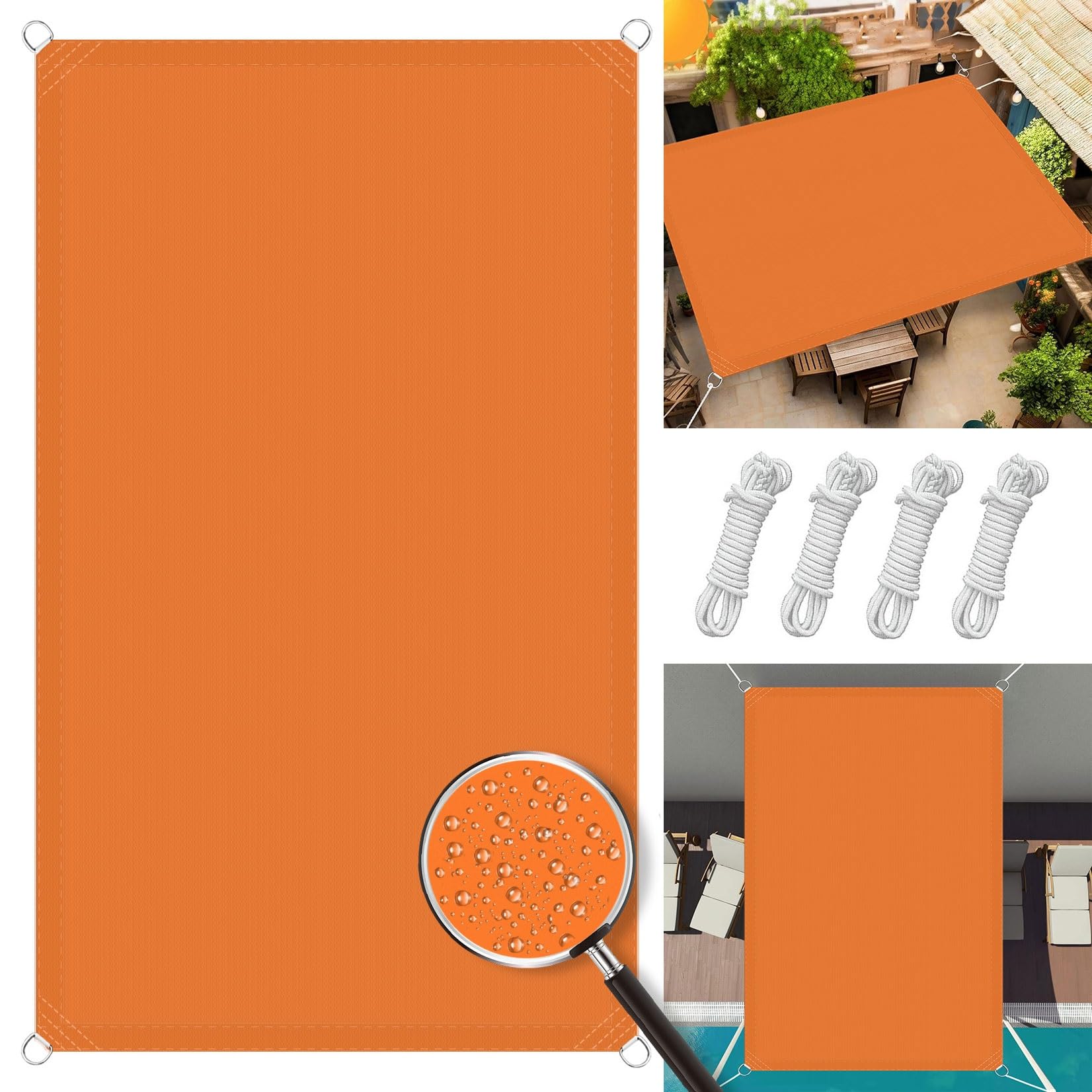 Voile d'ombrage rectangulaire orange 4x4.5m anti-UV imperméable avec cordons