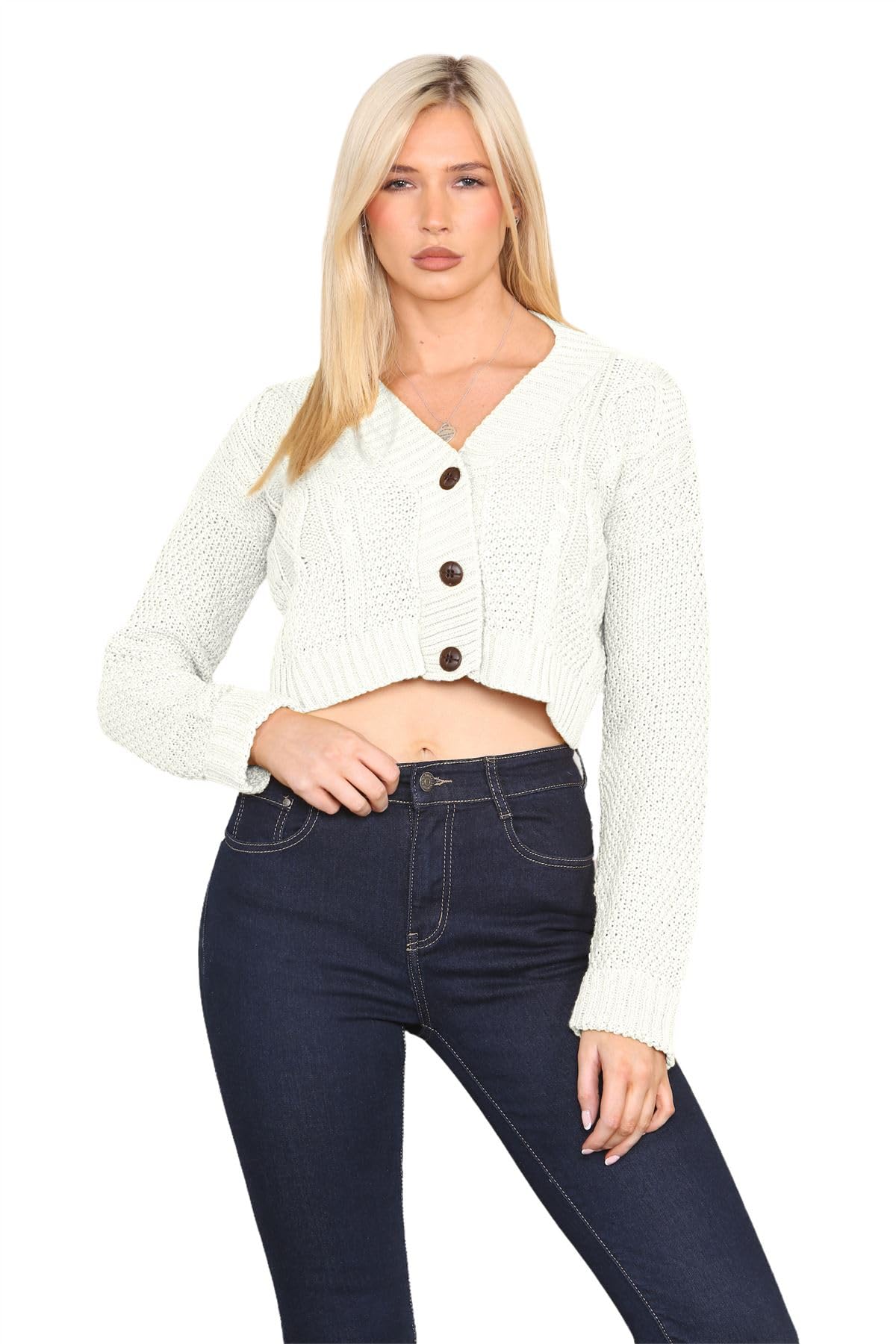 Janisramone Women's Cream Janisramone® Cable Knitted Cardigan, 3 Buttons Cropped Jumper Casual, Long Sleeve Top, Chunky Winter Cardigans For Uk, Short Warm Sweater - Party Jumpers