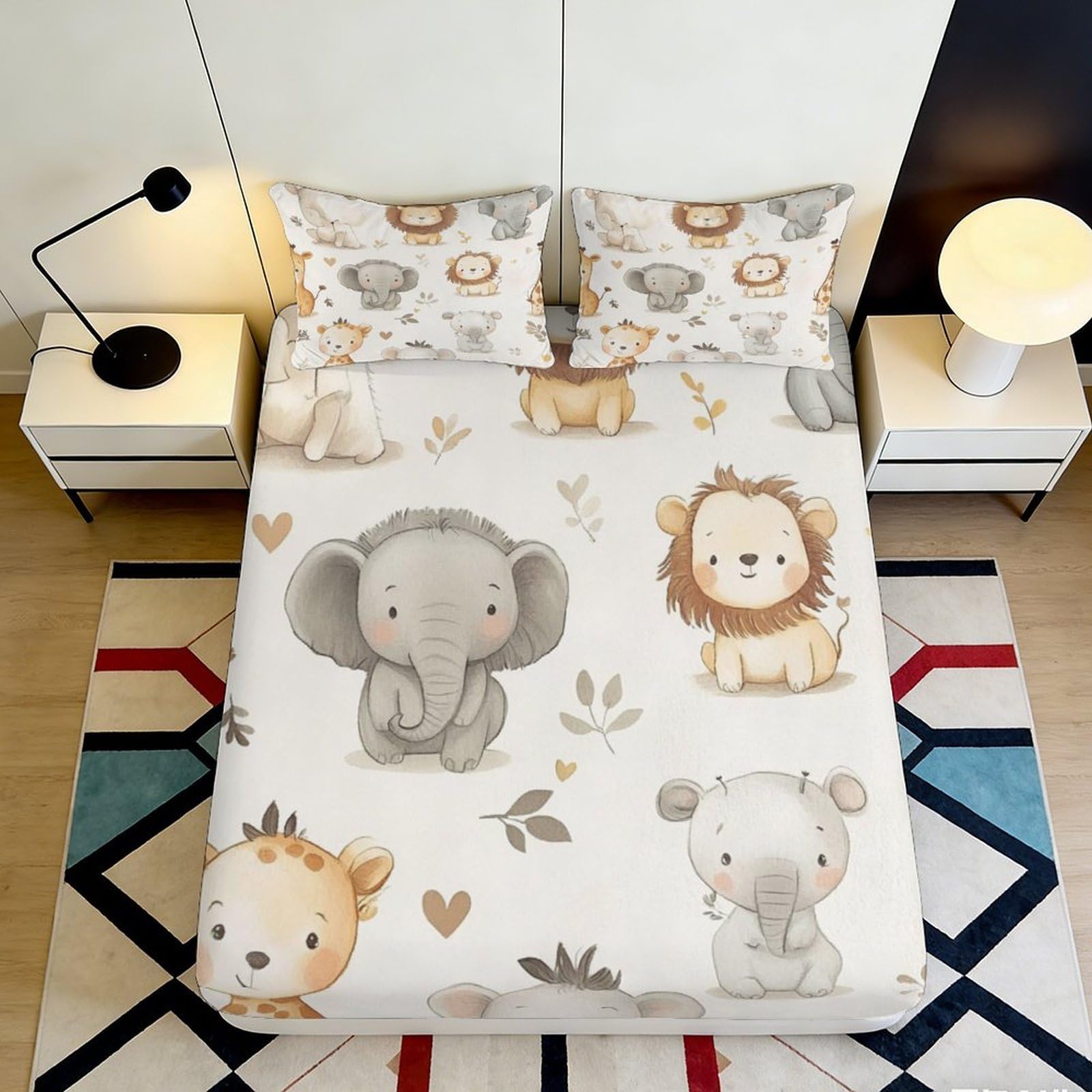 3D Printed Cute Elephant Fitted Sheet Microfiber Animal Lion Mattress Cover Anti-Slip Washable for Bedroom Guestroom 90x200x25cm