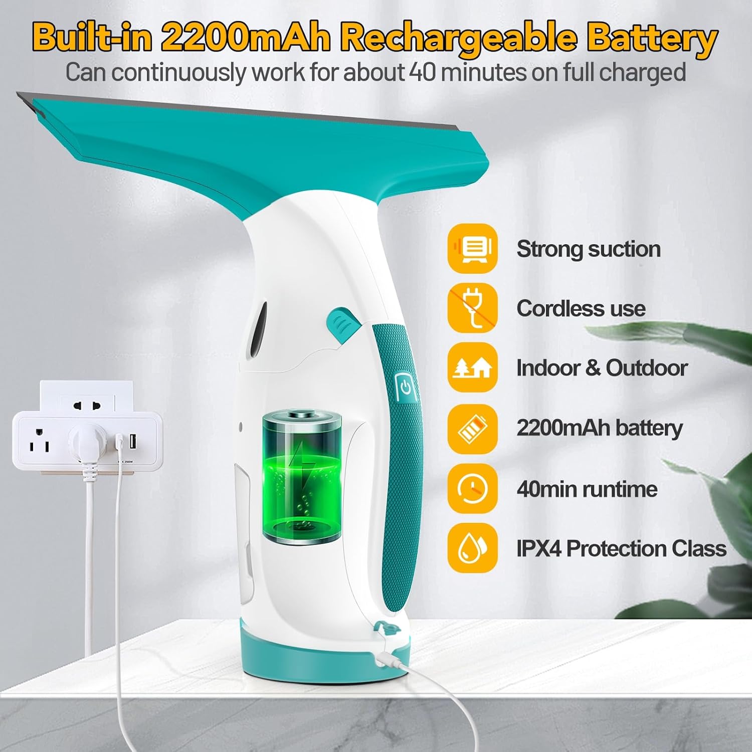 Eave Window Vac Cleaner Kit, Upgraded Cordless Window Vacuum with 17cm & 28cm Suction Nozzles, Electric Window Cleaner with 40min Battery Life and 270ml Water Tank, Suitable for Windows, Mirrors