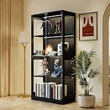YU YUSING Glass Display Case with Smart LED Light for Collection, Modern Display Cabinet with 4 Shelves, Bookcase, Mangatheque, Storage Bedroom Living Room Kitchen, 80×35×165cm, Black