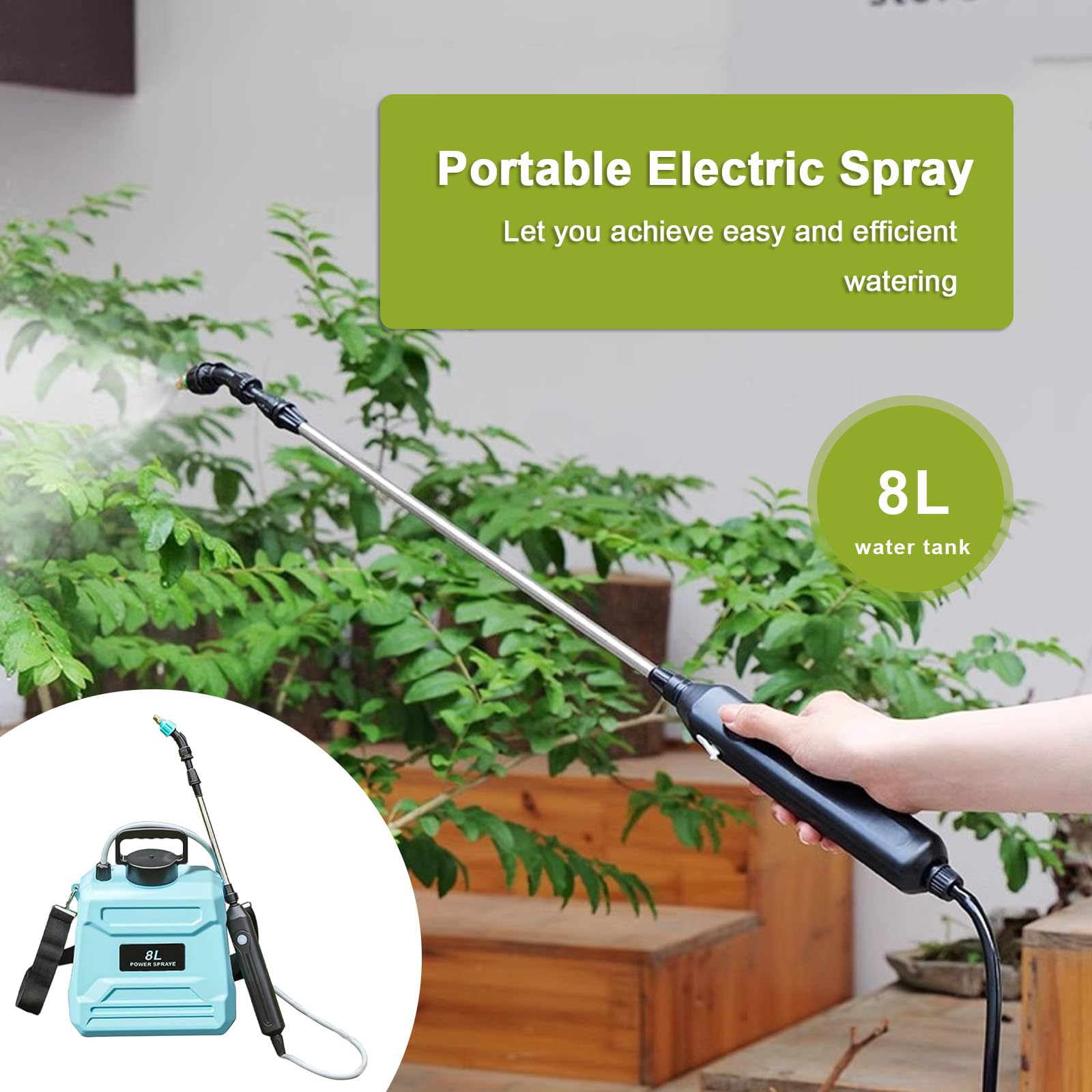 Pulvérisateur Électrique Sans Fil 8L - LED, 4 Buses, Tige Télescopique, Jardin & Nettoyage