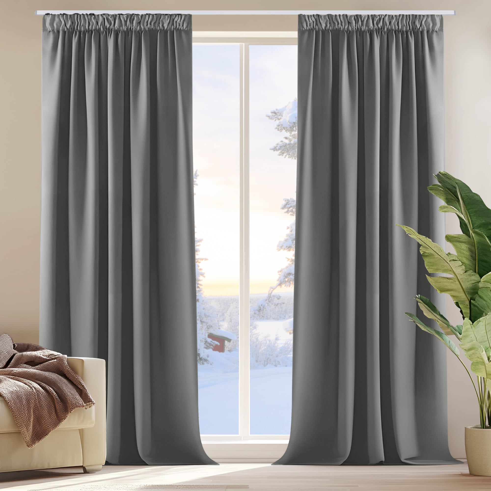 Deconovo Cortinas Salon 245 Alto para Riel con Ganchos Cortinas Térmicas Aislantes Frio y Calor para Cortinas Dormiotorio Cortinas Opacas para Carril con Ganchos 140x245 cm Gris Claro 2 Piezas