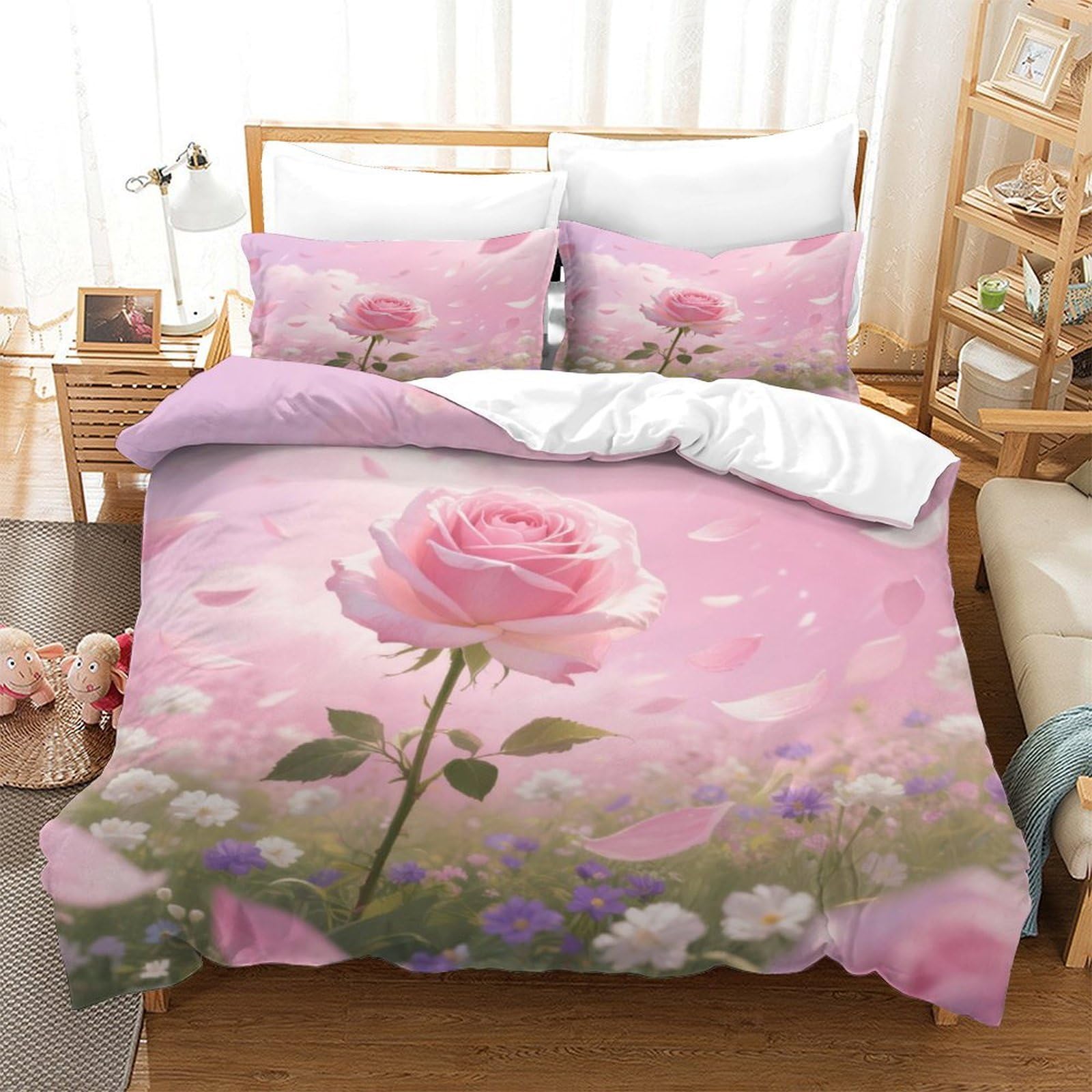 Parure de lit rose 3D super king microfibre avec fermeture éclair