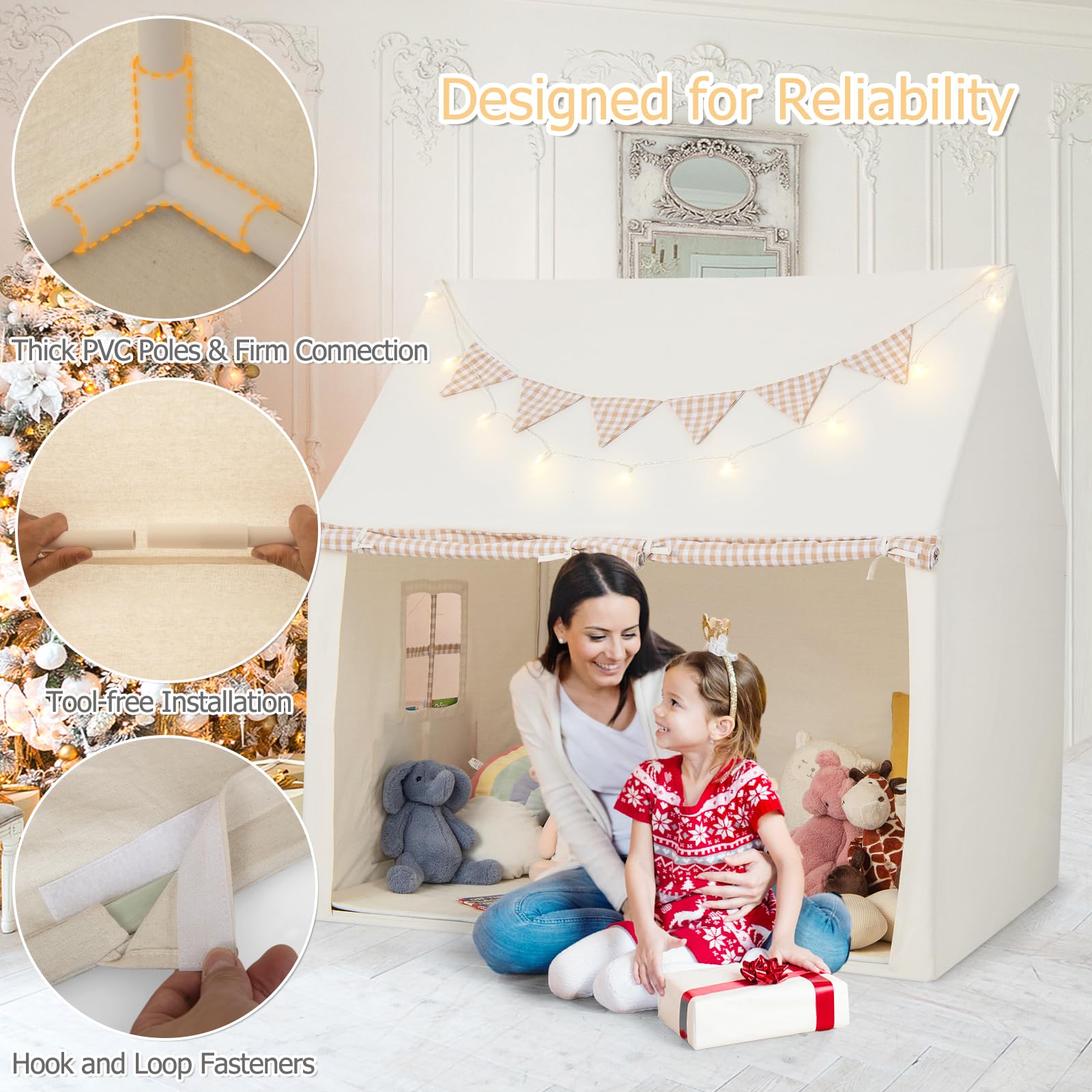 HOMASIS Kinderzelt für Drinnen, Spielhaus mit Lichtern & Matte & Fenstern & Vorhang & Flaggen & Taschen, Spielzelt Prinzessin Zelt Baumwolle für Jungen & Mädchen, Tipi Zelt Kinderhaus Kinderzimmer