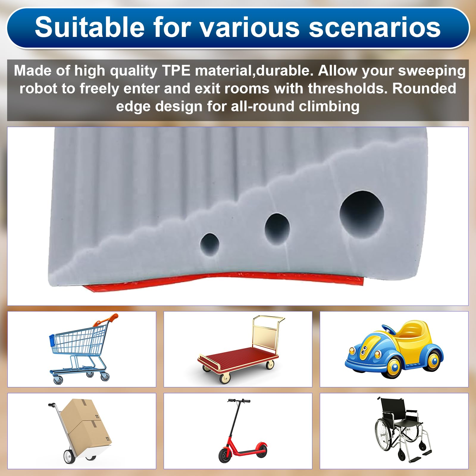 Rampa di Soglia per Porta in TPE, Altezza 2 cm, Carico Max 500 kg, Antiscivolo | per Sedie a Rotelle (Elettriche), Passeggini, Robot Aspirapolvere, Disabili | Design Resistente (Grigio, 100x6x2cm)