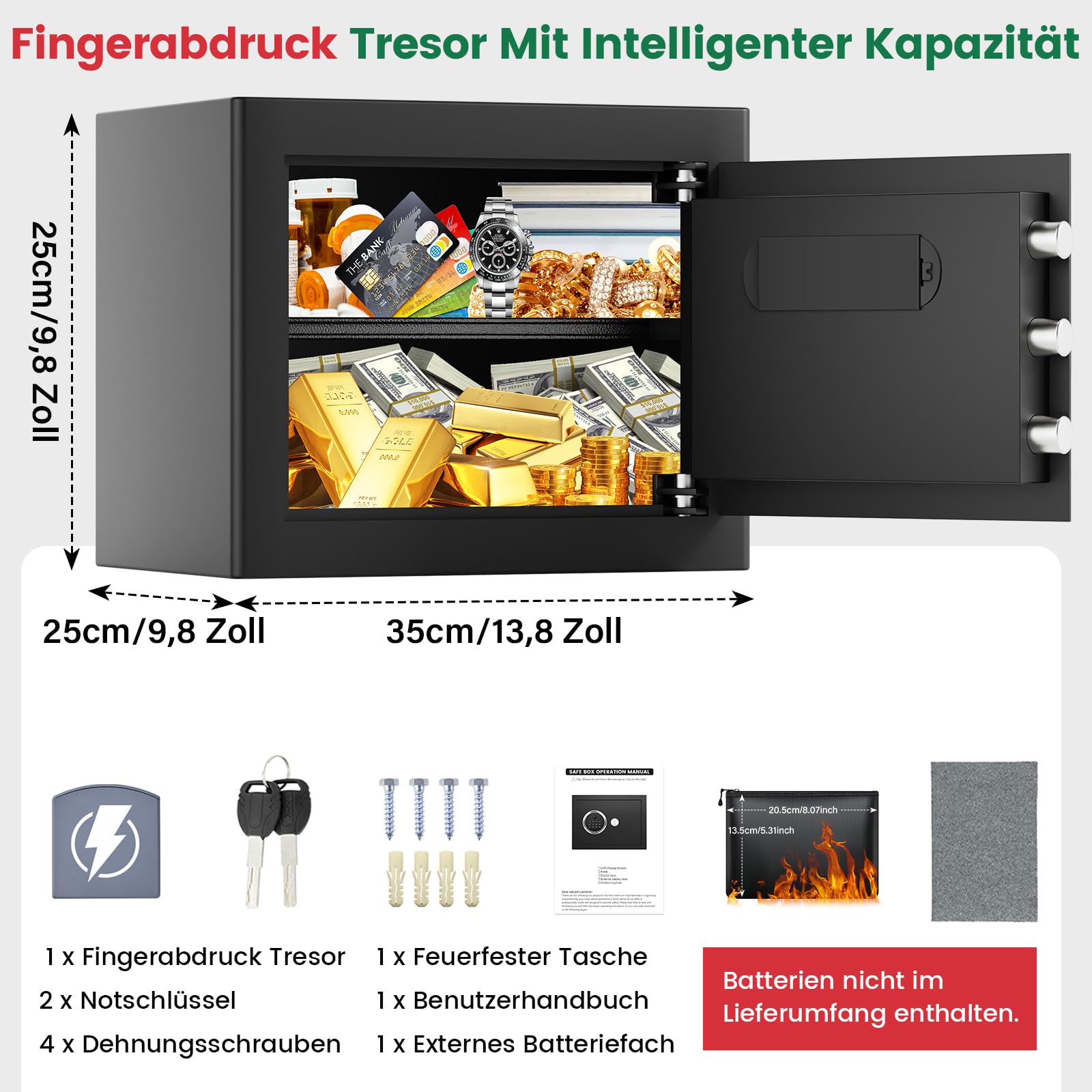 Tiskgg Fingerabdruck Tresor für Zuhause mit Feuerfester Tasche, 25L Safe Tresor Fingerabdruck mit Abnehmbares Regal und Dualer Alarmmodus, Digitaler Möbeltresor für Geld Medikamente Dokumente