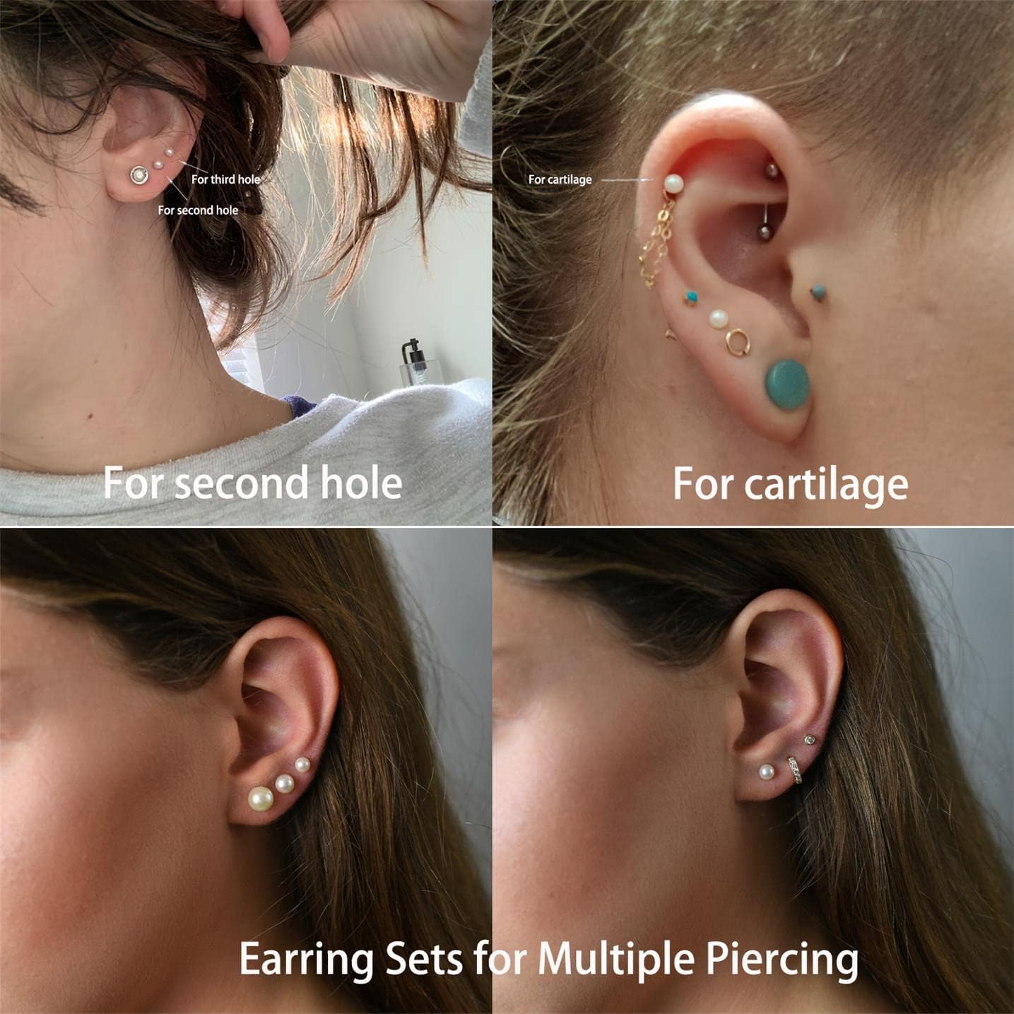Dainty Flat Back Pearl Earrings for Women, 6 Pairs Flatback Pearl Earrings in 14K Gold Silver 3-8MM Studs Earring Sets for Multiple Piercing Hypoallergenic