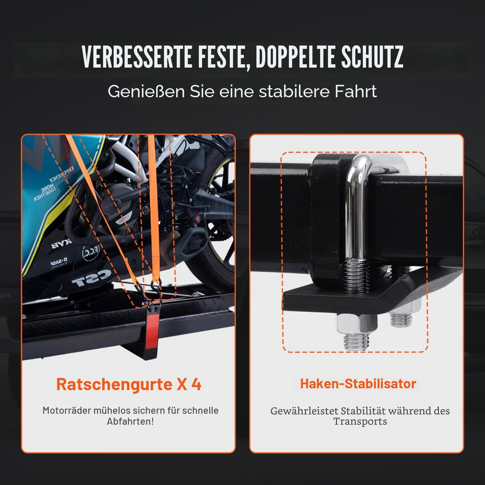 VEVOR Stahl-Motorradträger, 272,2 kg Anhängerkupplung, 119,4 cm Rampe, Roller-Dirt-Bike-Anhänger, Ratschenriemen, Stabilisator, Auto/LKW