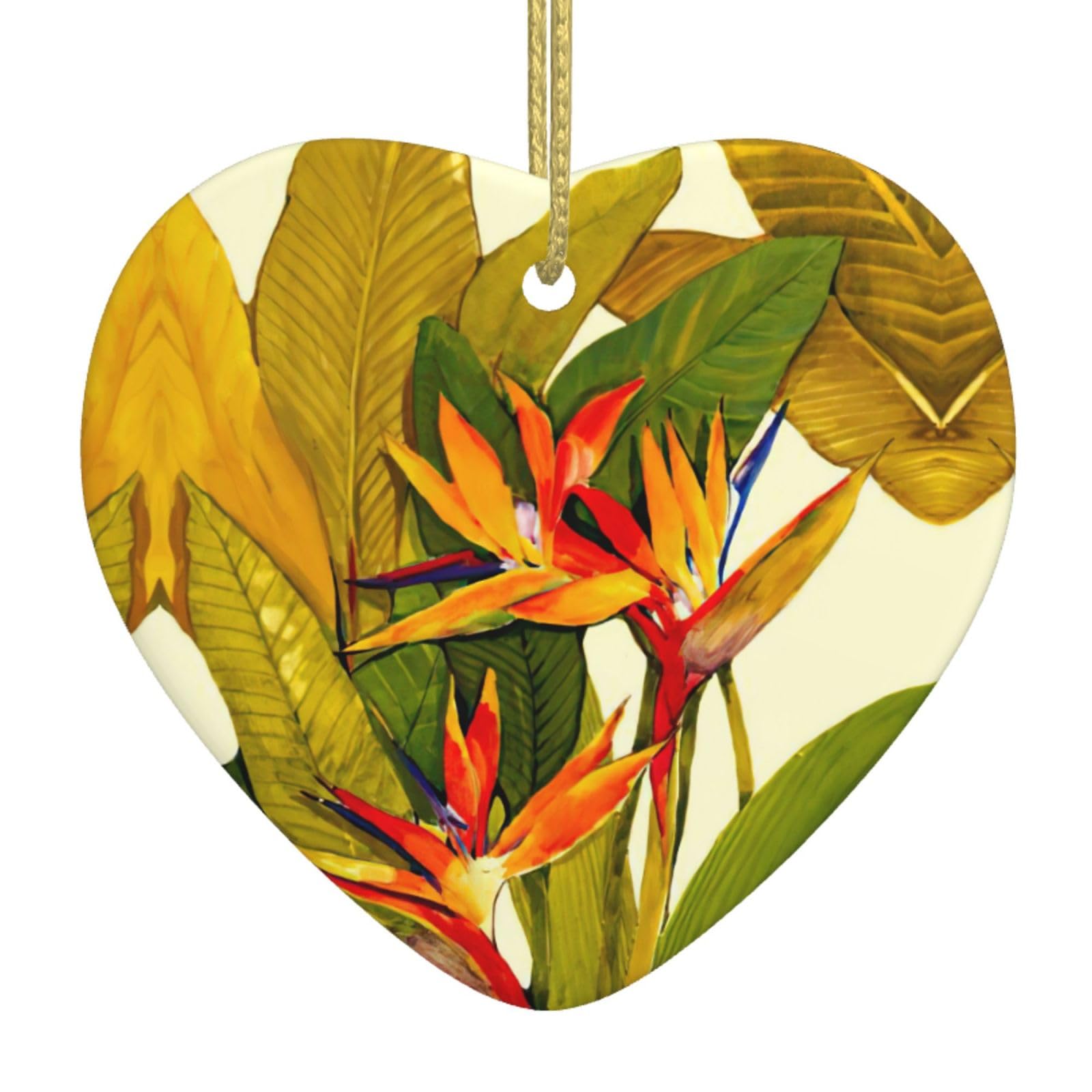 Odddot Tropical Bird Of Paradise Heart-Shaped Ceramic Hanging Ornaments For Christmas, Ideal Hanging Xmas Tree Decorations Gift