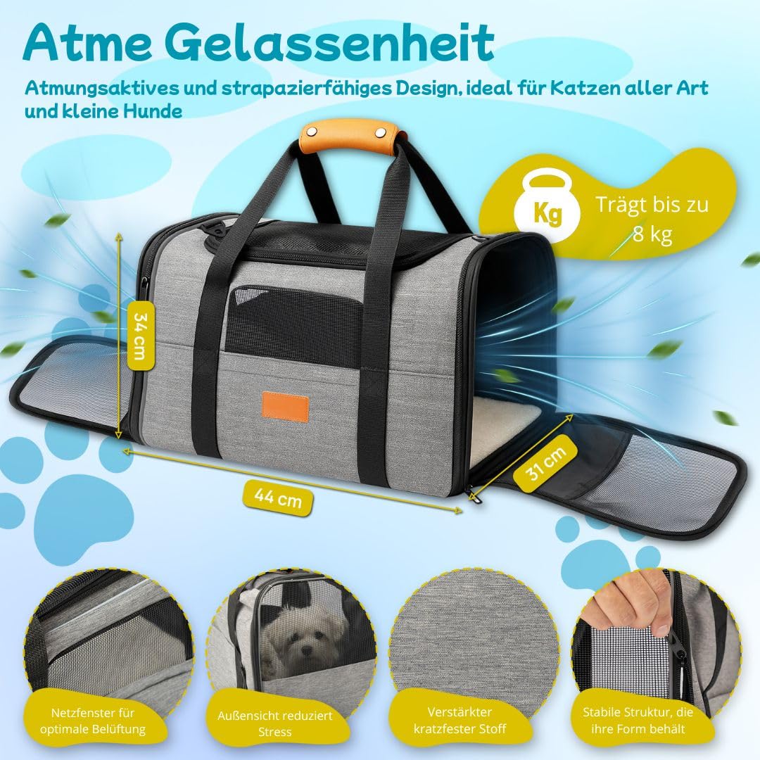 Katzen Transportboxen - Transportbox Katze und Kleine Hunde mit faltbarem Napf, Decke, Schultergurt, gepolsterter Bodenplatte - hundetransportbox Auto Faltbar und für das Flugzeug zugelassen