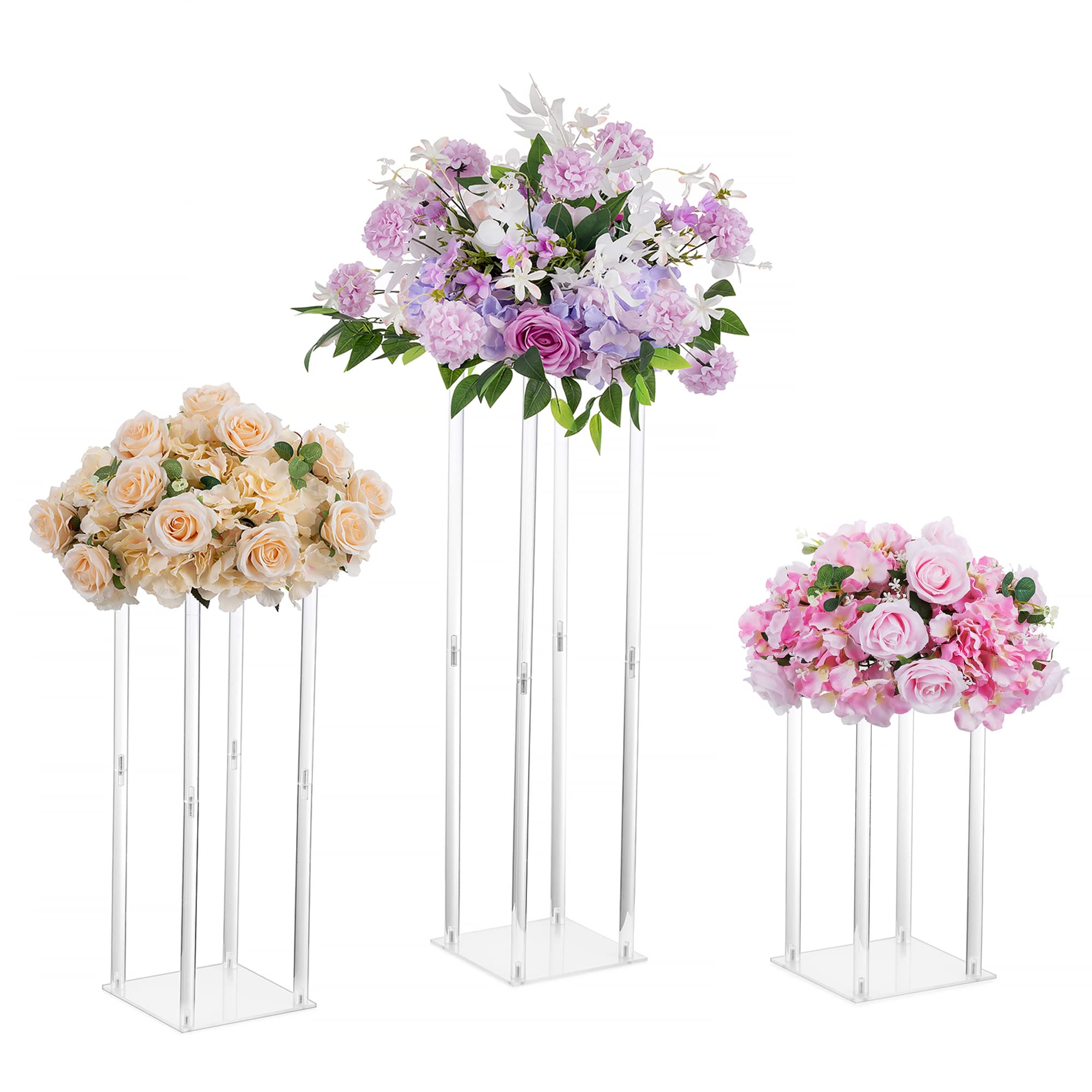 Flower Stand Wedding Centrepieces for Tables - Set of 3 Acrylic Plinth Stand Tall Flower Vases for Table Centerpieces Clear Table Stand Inweder Geometric Vase for Wedding Party Home Decor 40+60+80cm