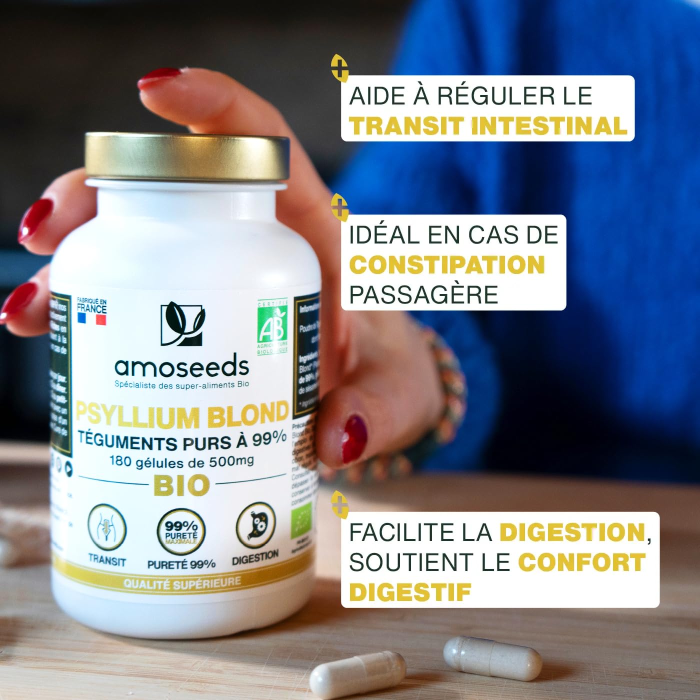 Psyllium Blond BIO, Téguments purs à 99% | 3000mg par jour | 180 gélules de 500mg | Transit, Digestion, Cœur | Qualité Supérieure