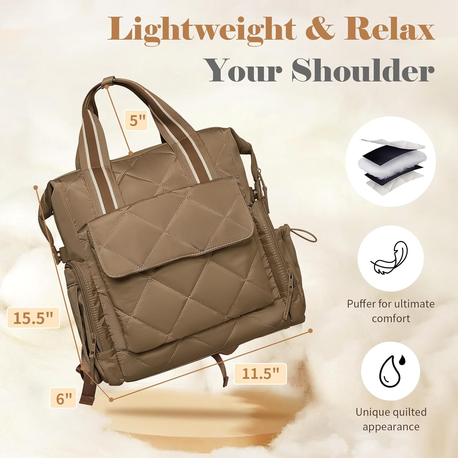 Omanmoli Diaper Bag Backpack Quilted Baby Diaper Bag Lunch Backpack Pañaleras Para Bebe for Working Moms with 11 Pouches,Large Insulated Cooler Compartment,Stroller Straps,Changing Pad,Brown