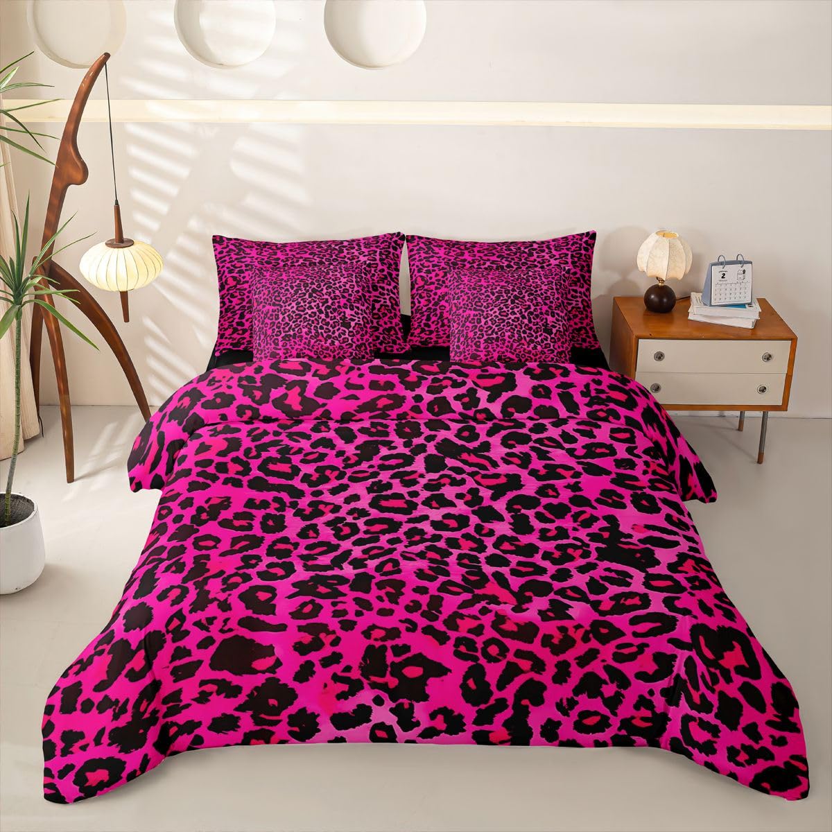Loussiesd Set di biancheria da letto per bambini con stampa leopardata rosa acceso, per letto singolo, 7 pezzi, per bambini, ragazzi, ragazze, safari, con copripiumino, lenzuola, federe, federe