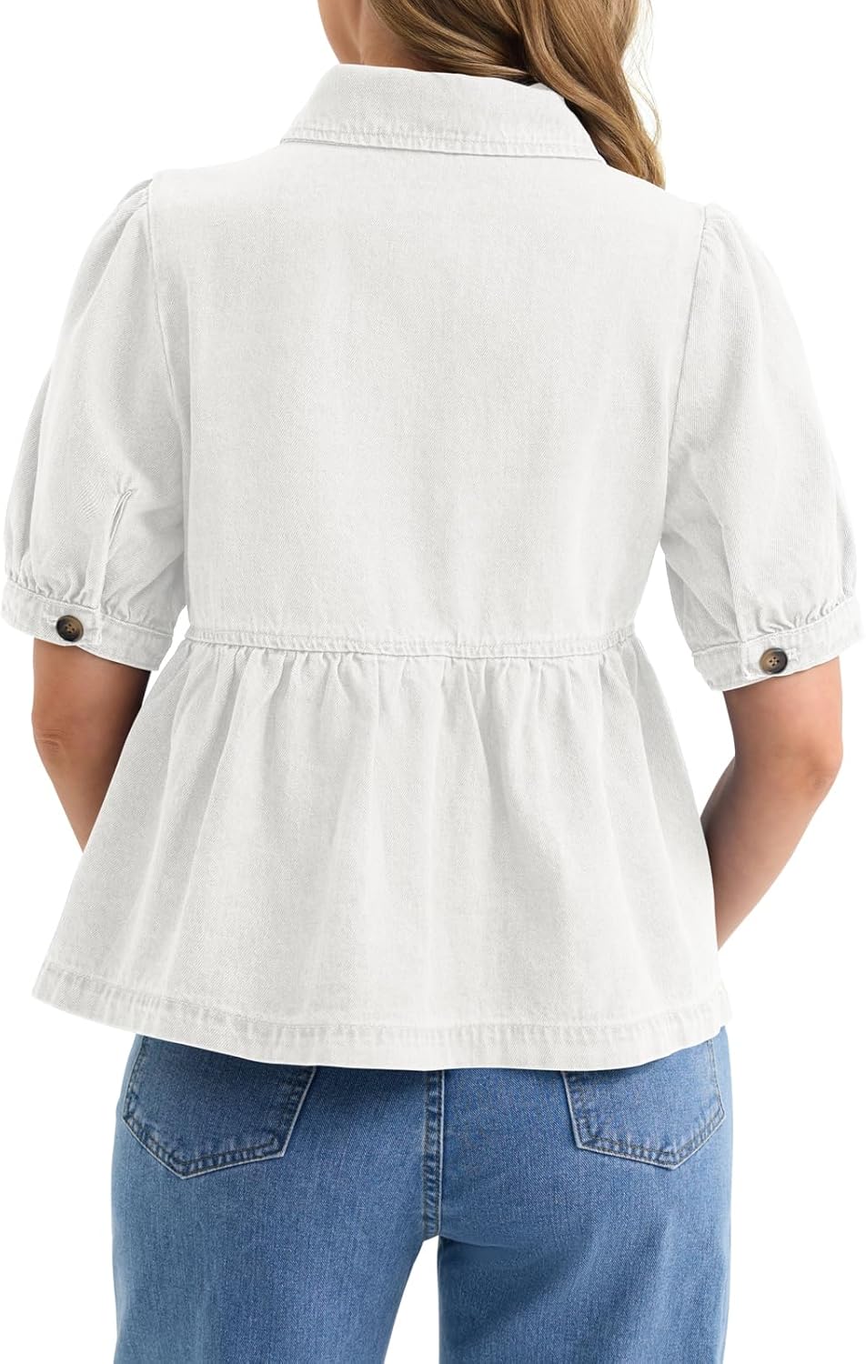 Yousify Womens Button Down Denim Shirts Short Puff Sleeve Babydoll Peplum Casual Jean Tops Summer Ruffle Flowy Blouses - Image 3