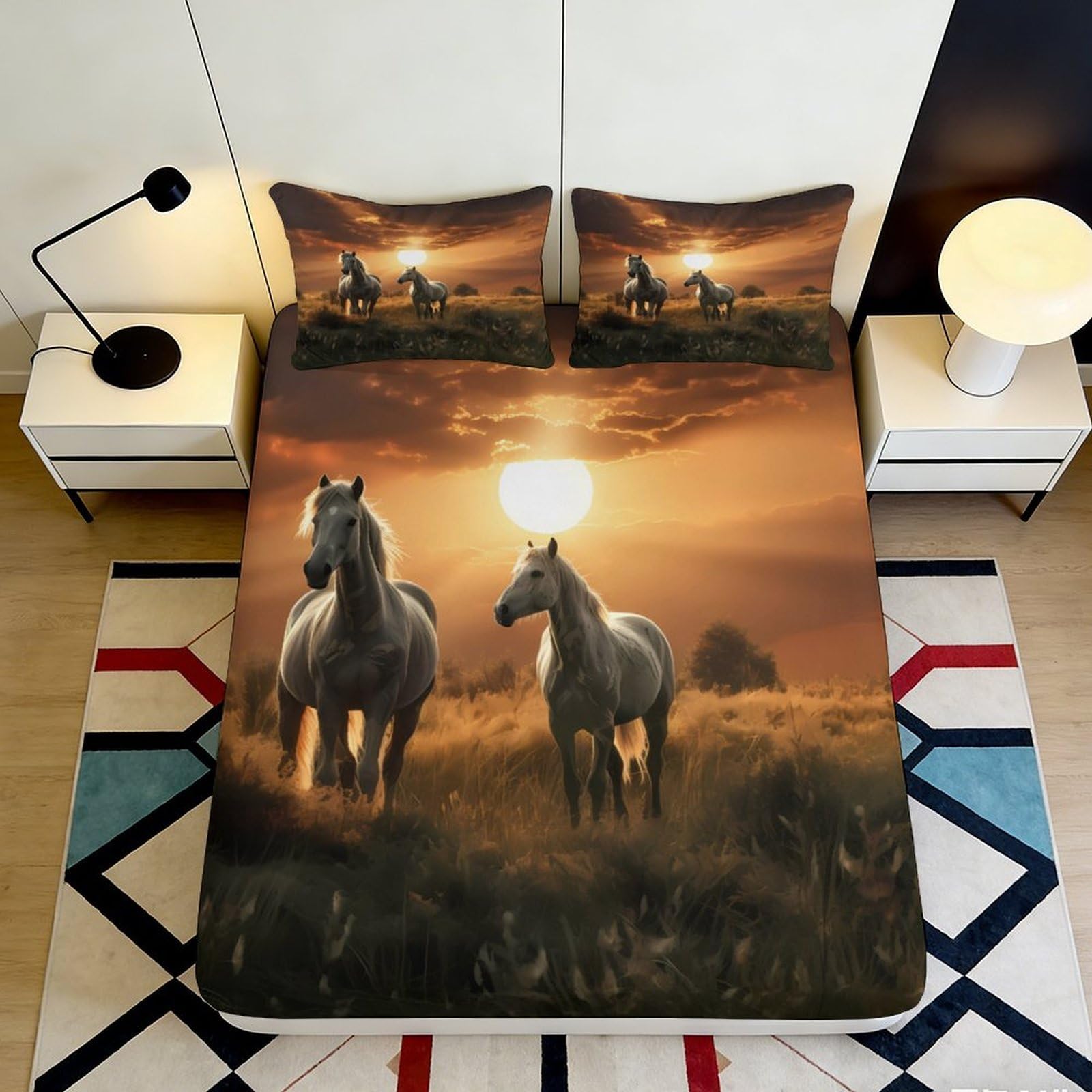 3D Printed Sunset Horses Fitted Sheet Microfiber Soft Breathable Sunrise Field Mattress Cover for Bedroom Dormitory Guest Room Protection Decor 200x200x25cm