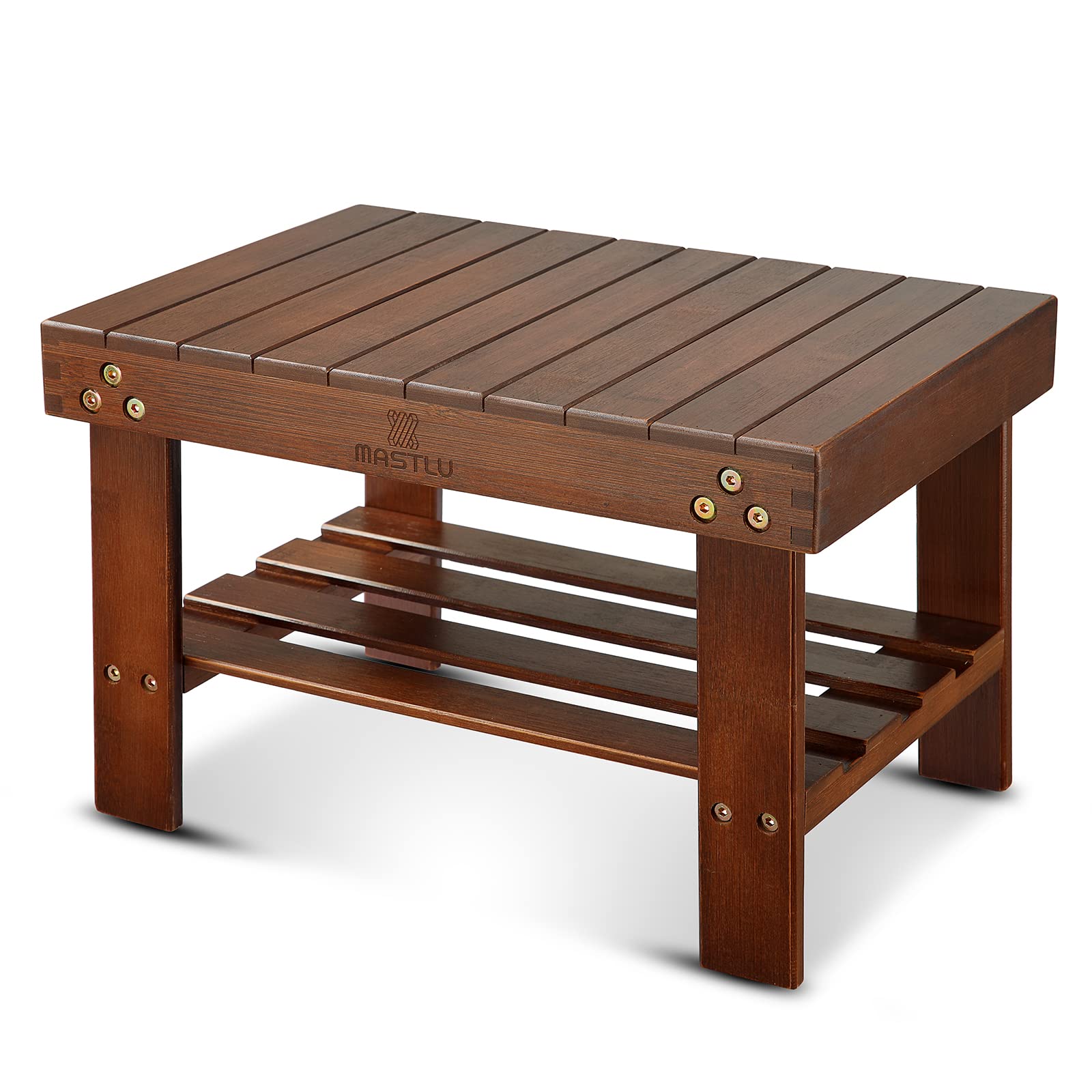 MASTLU Bamboo Step Stool Anti-Slip Lightweight Small Seat Stool with Storage Shelf Wooden Stool, Foot Rest Stool for Home, Bedroom, Bathroom Foot Rest Bench (16.1in x 11in x 10.2in, Walnut Brown)