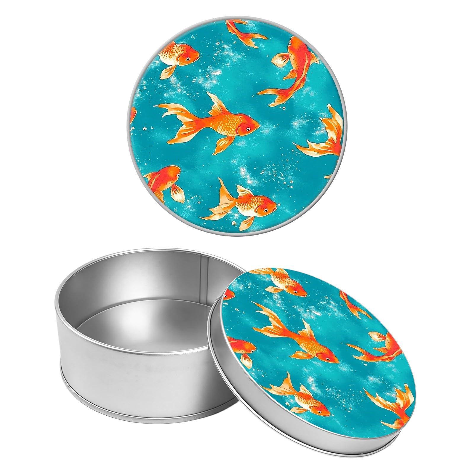 Round Metal Tin Container with Removable Lid, Goldfish Durable Metal Storage Box for Crafts Snacks Candies Office Supplies Small Items 3.54 x 1.38 inch– Single Pack