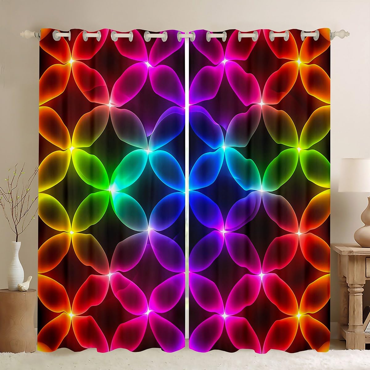 Homemissing Neon Light Geometric Curtains(2 Panels,W52*L63) For Kids Boys Girls Teens Colorful Modern Art Darkening Blackout Window Curtains Abstract Stripe Line Window Treatments โ image 1